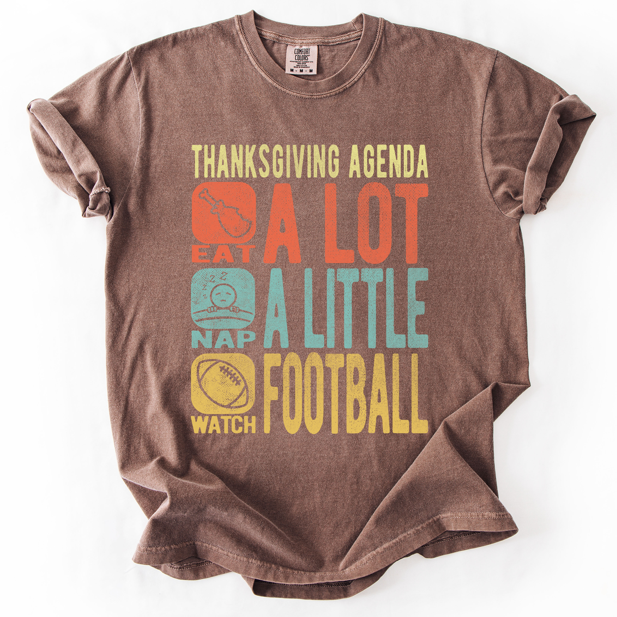 Thanksgiving Agenda Turkey Football Fun Autumn Fall Cozy Vintage Comfort Colors Tee