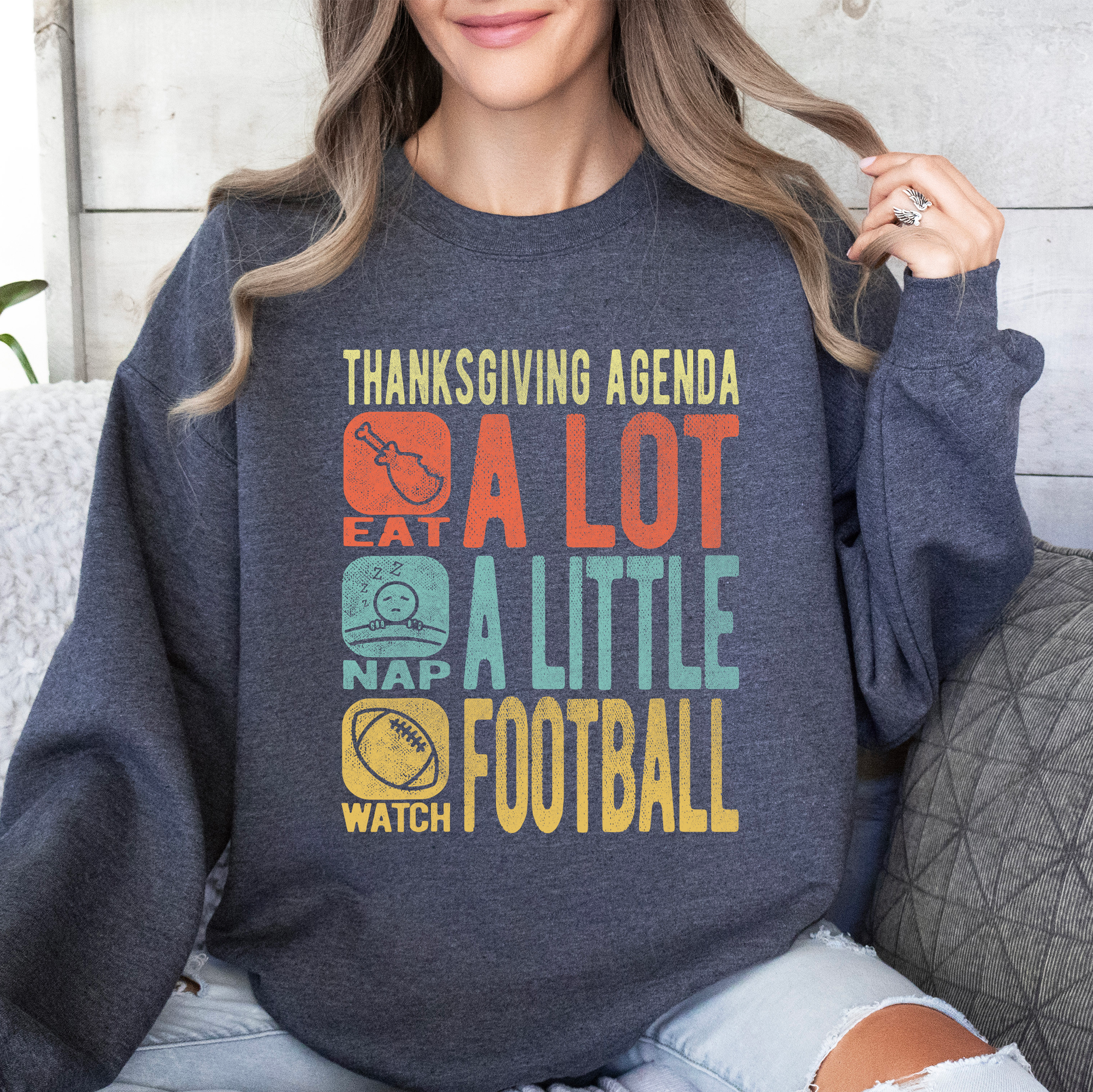 Thanksgiving Agenda Turkey Football Autumn Fall Themed Graphic Print Cozy Sweatshirt