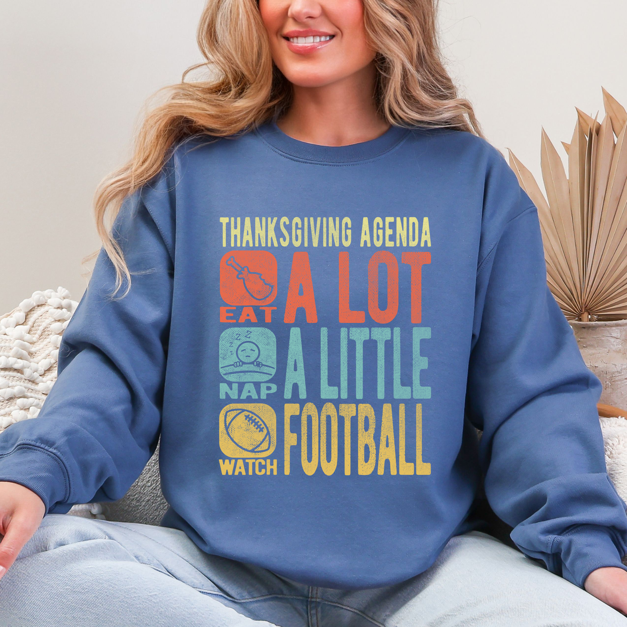 Thanksgiving Agenda Turkey Football Autumn Fall Themed Graphic Print Cozy Sweatshirt