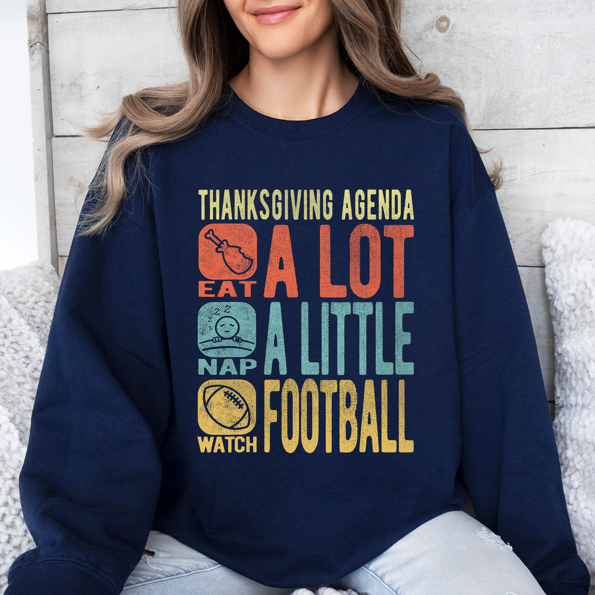 Thanksgiving Agenda Turkey Football Autumn Fall Themed Graphic Print Cozy Sweatshirt