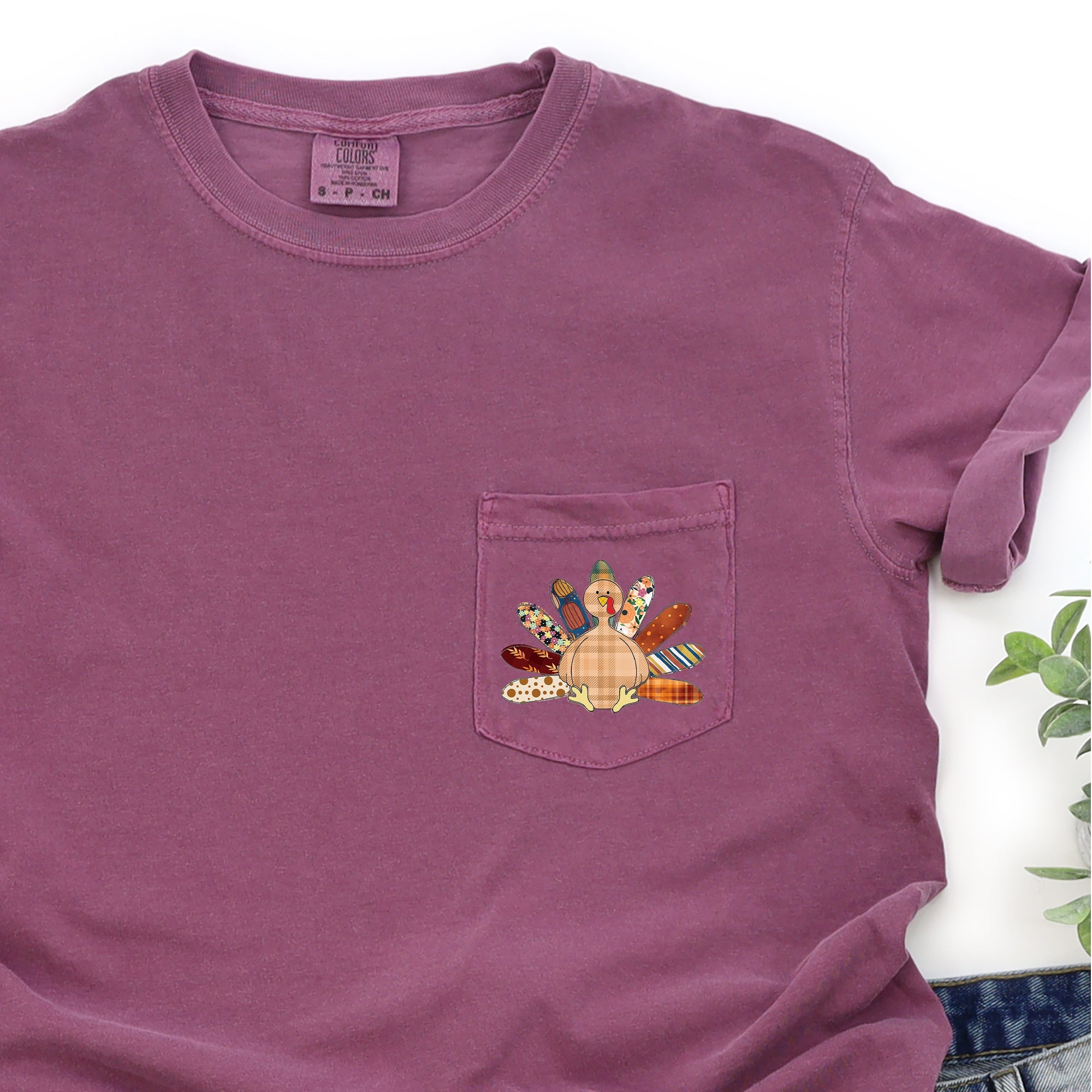 Thanksgiving Turkey Colorful Plaid Pocket Print Vintage Holiday Comfort Colors Tee