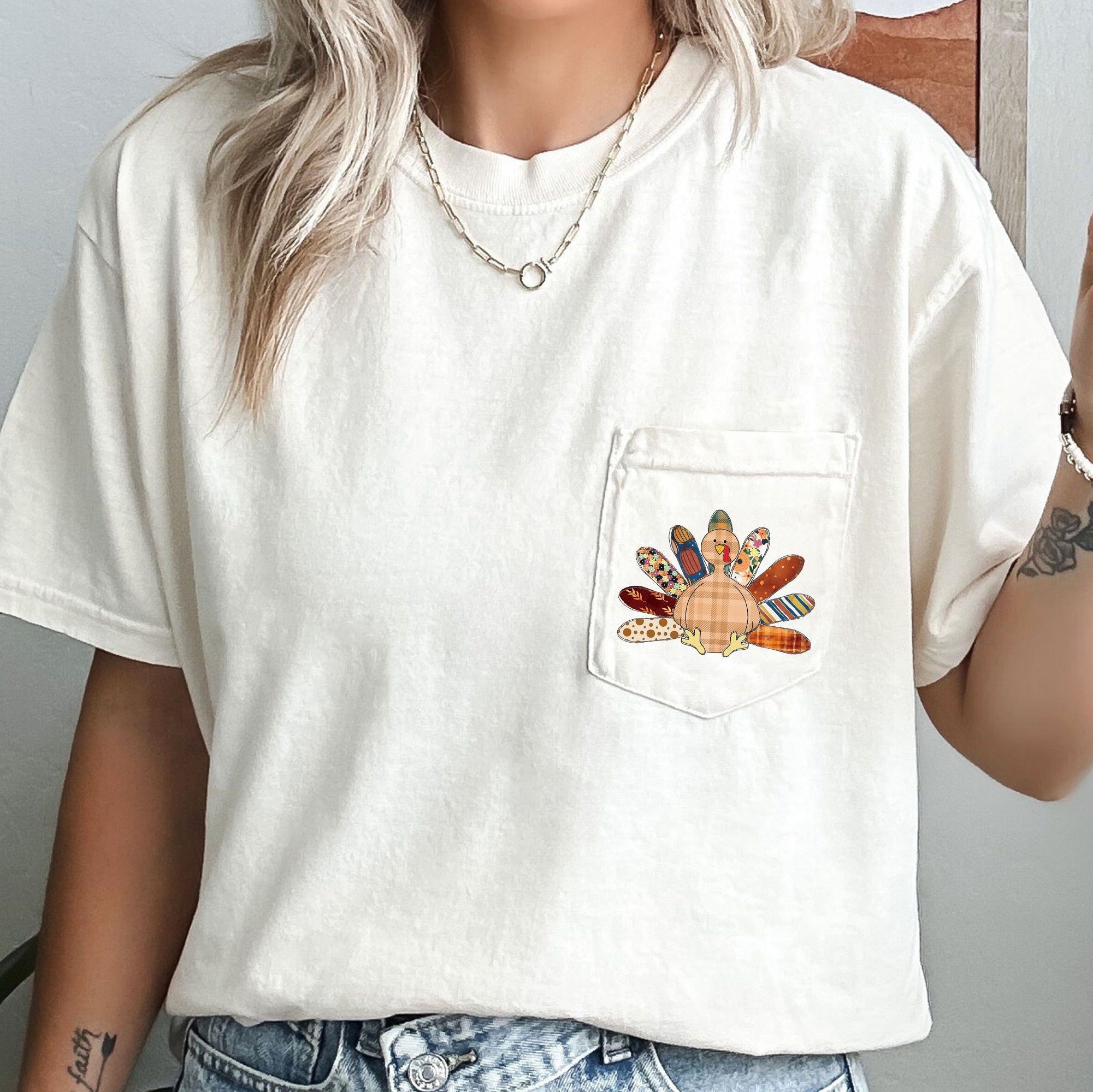 Thanksgiving Turkey Colorful Plaid Pocket Print Vintage Holiday Comfort Colors Tee