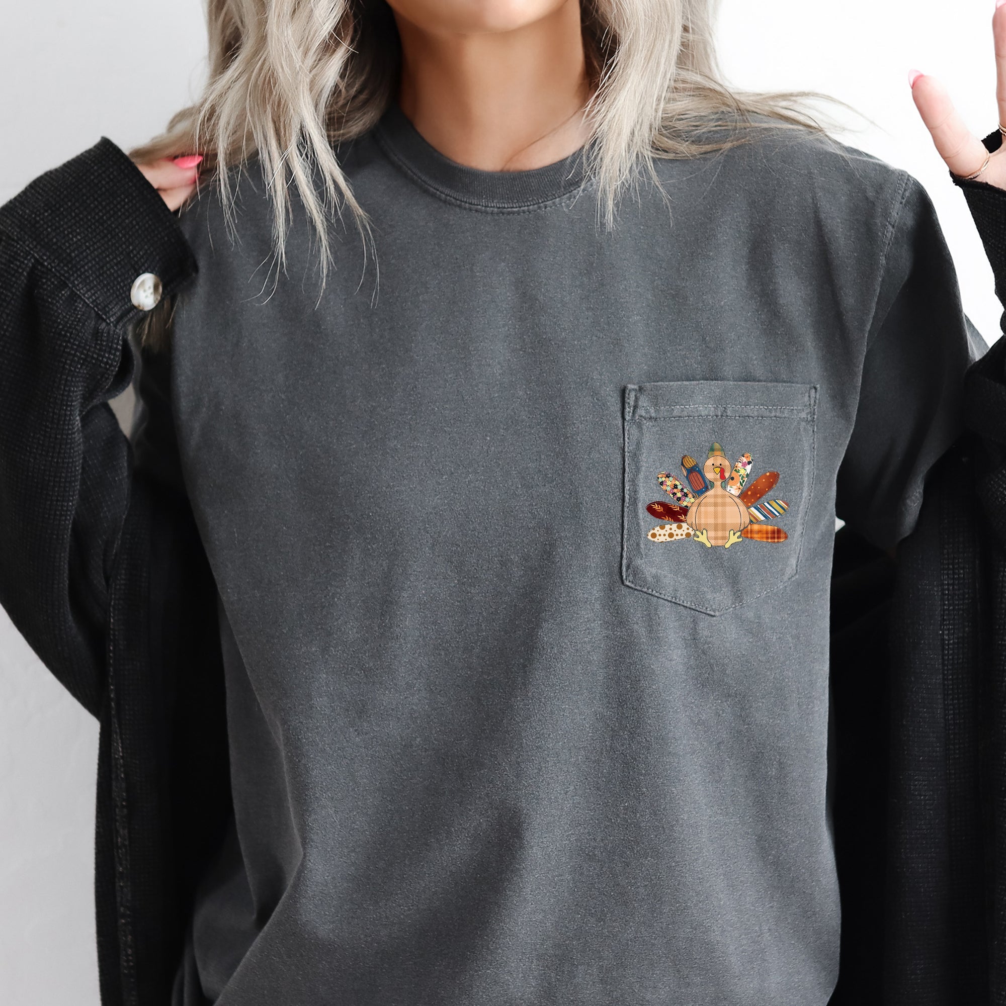 Thanksgiving Turkey Colorful Plaid Pocket Print Vintage Holiday Comfort Colors Tee
