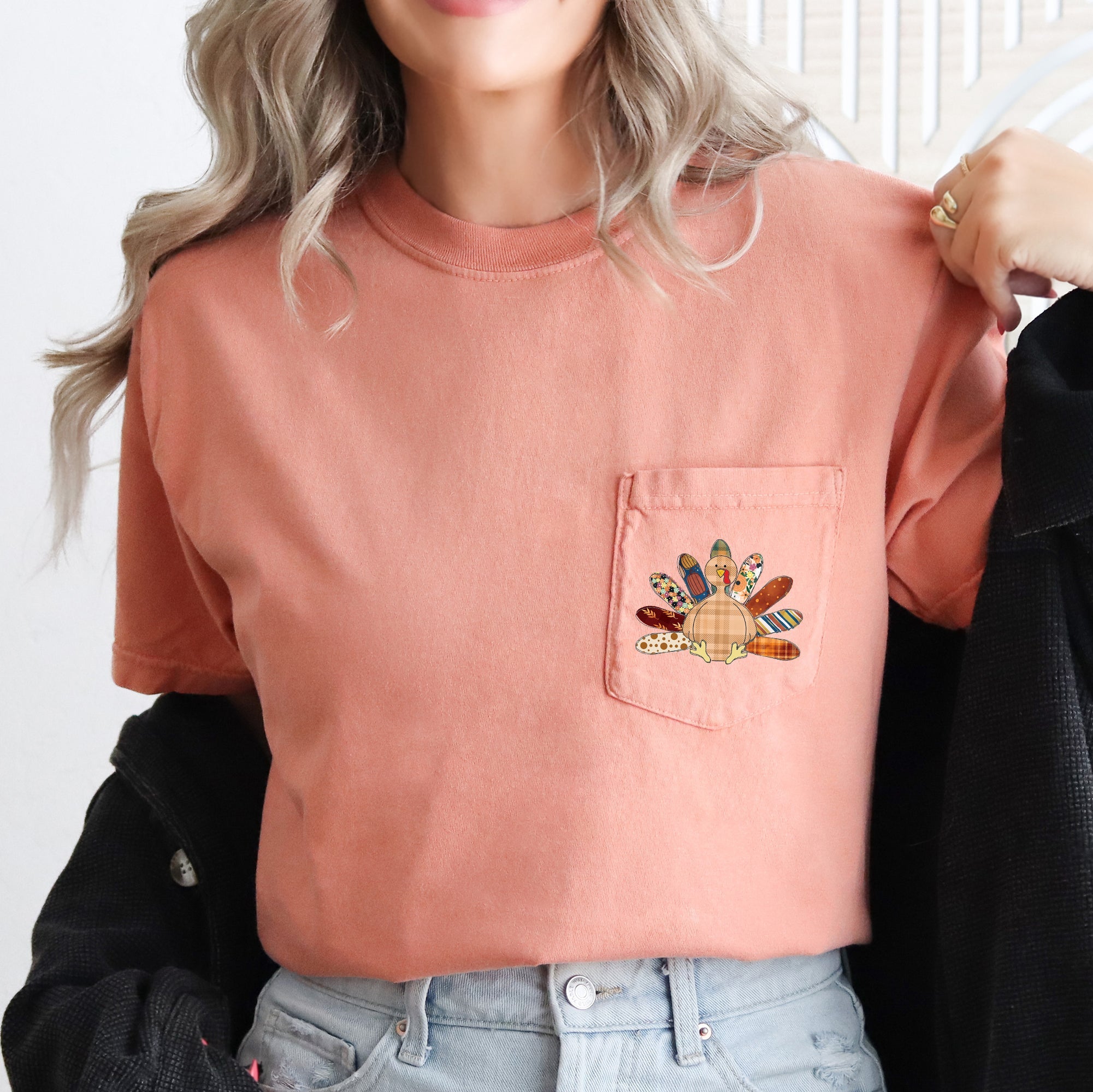 Thanksgiving Turkey Colorful Plaid Pocket Print Vintage Holiday Comfort Colors Tee