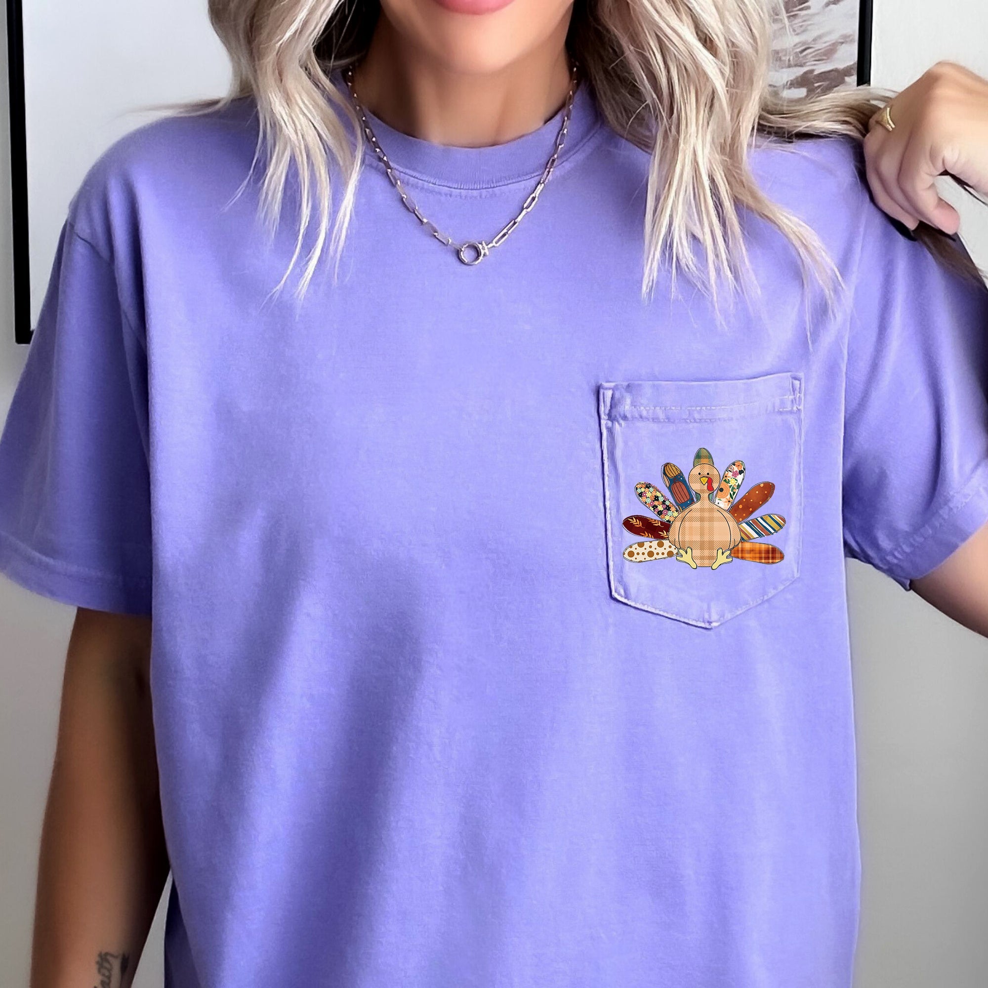 Thanksgiving Turkey Colorful Plaid Pocket Print Vintage Holiday Comfort Colors Tee