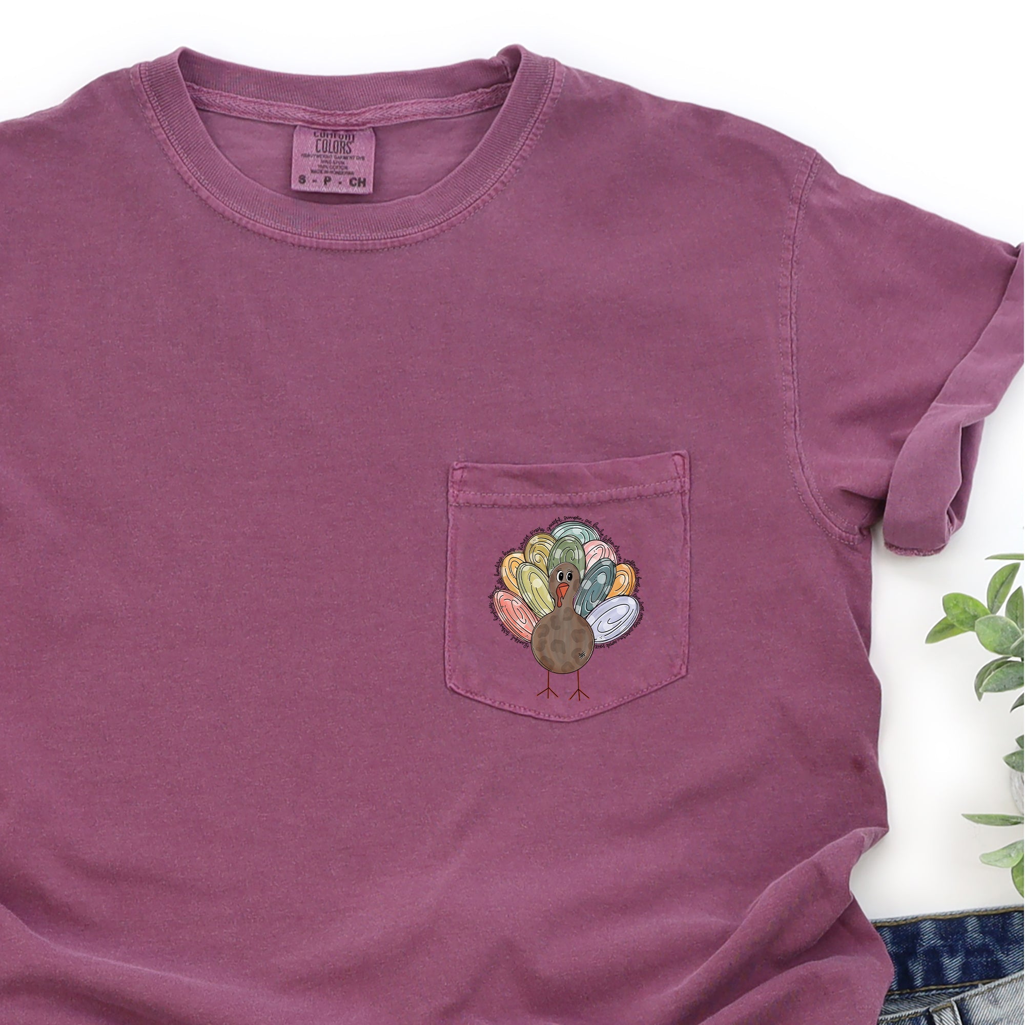 Thanksgiving Turkey Colorful Pocket Graphic Illustration Vintage Autumn Scene Comfort Colors Tee