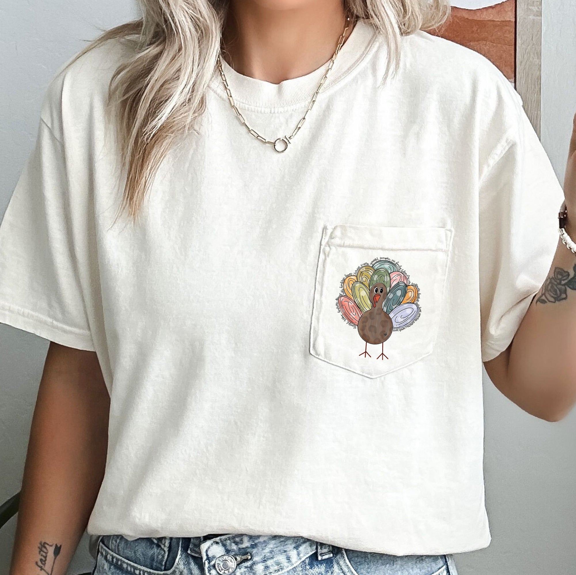 Thanksgiving Turkey Colorful Pocket Graphic Illustration Vintage Autumn Scene Comfort Colors Tee