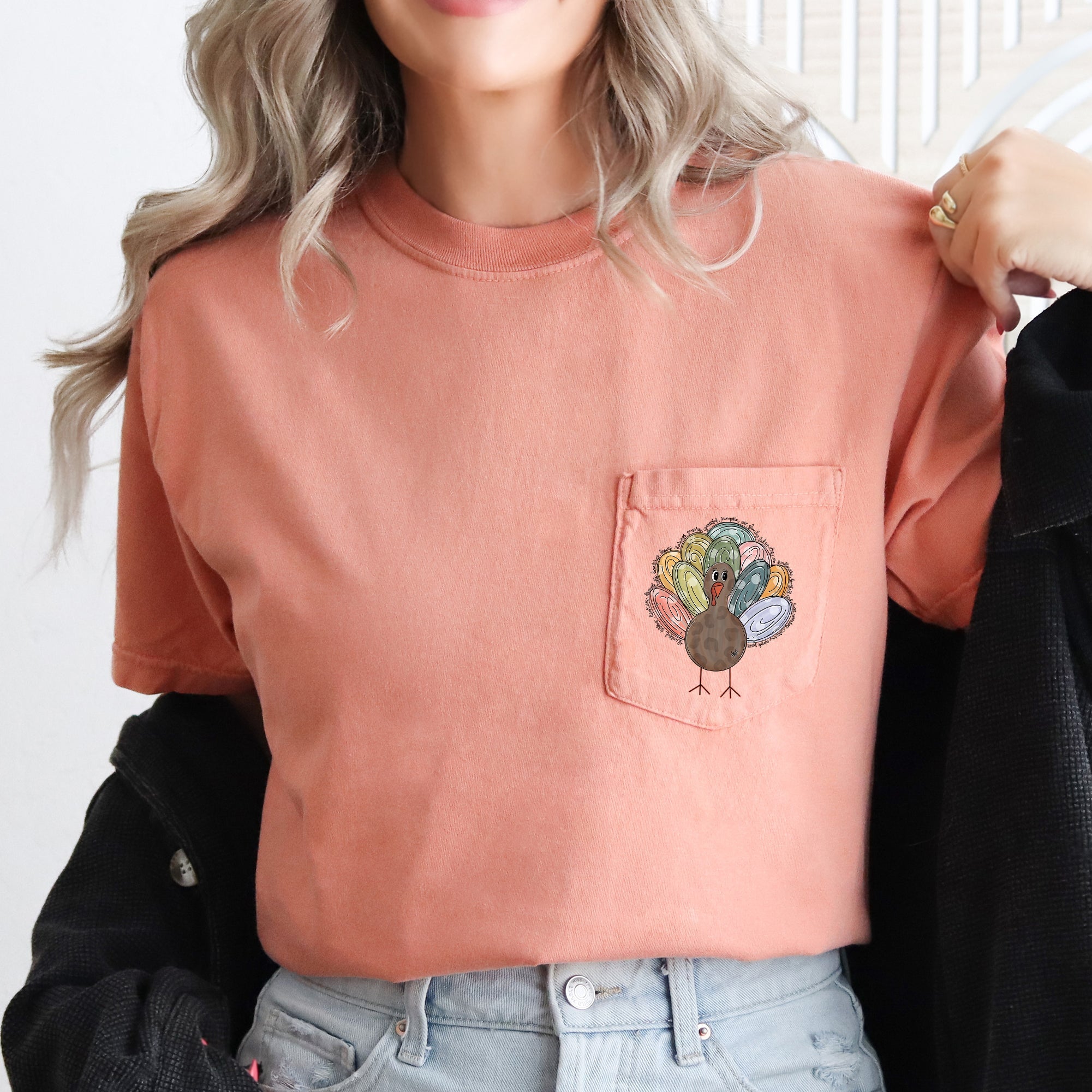 Thanksgiving Turkey Colorful Pocket Graphic Illustration Vintage Autumn Scene Comfort Colors Tee
