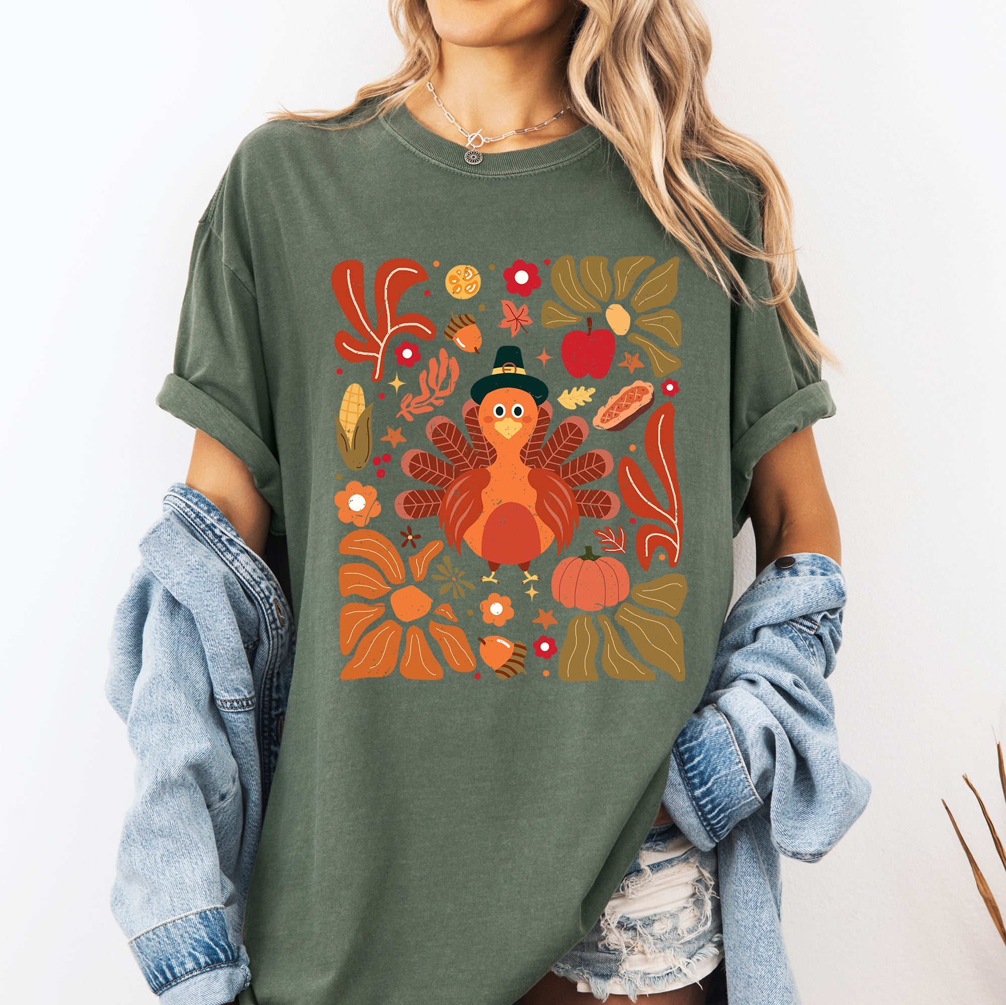 Thanksgiving Turkey With Floral Bouquet Boho Botanical Autumn Harvest Design Comfort Colors Tee