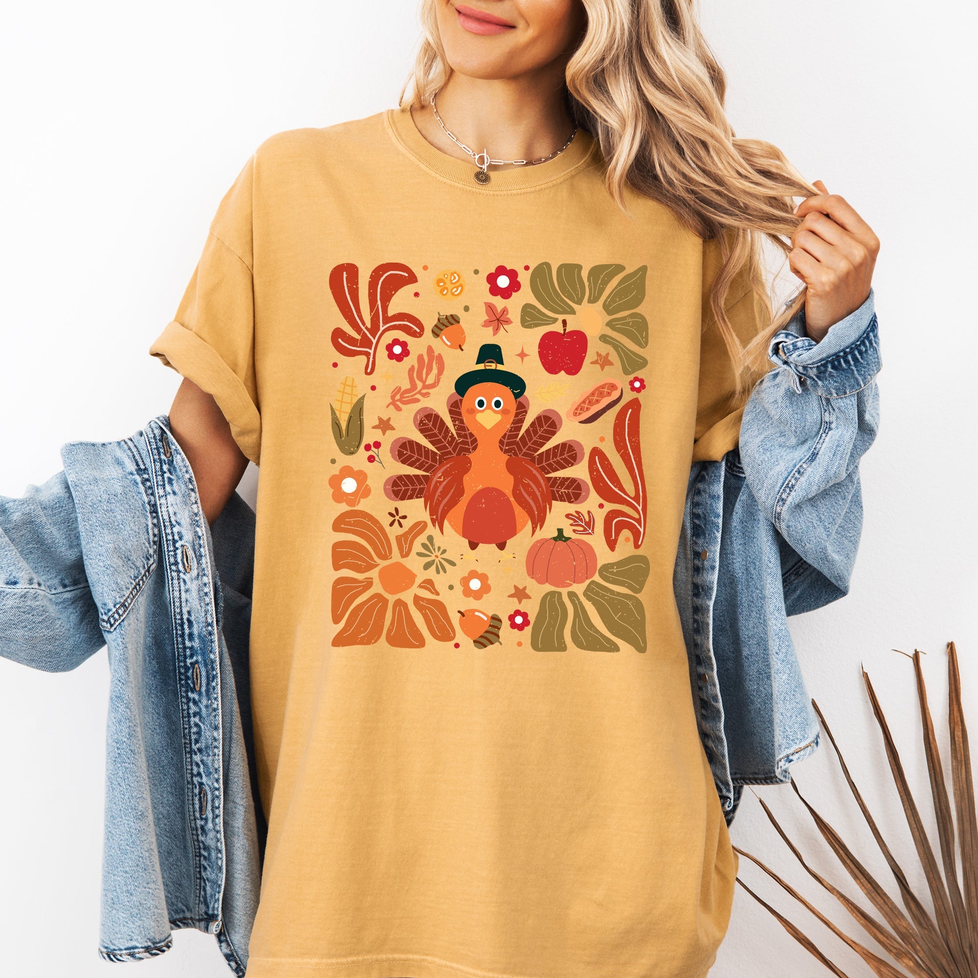 Thanksgiving Turkey With Floral Bouquet Boho Botanical Autumn Harvest Design Comfort Colors Tee