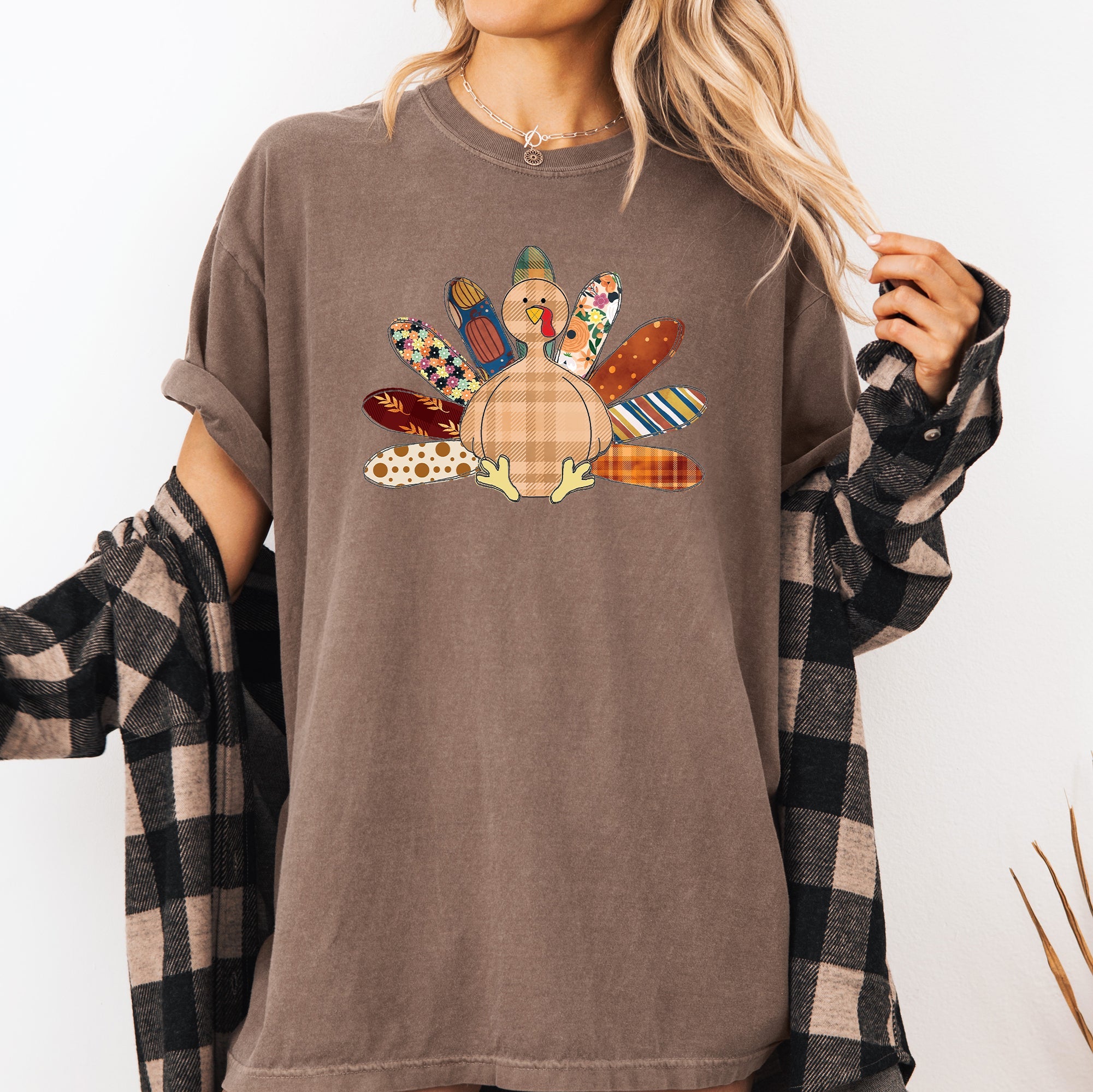Thanksgiving Turkey Plaid Print Cute Autumn Patterns Vintage Cozy Rustic Graphic Comfort Colors Tee