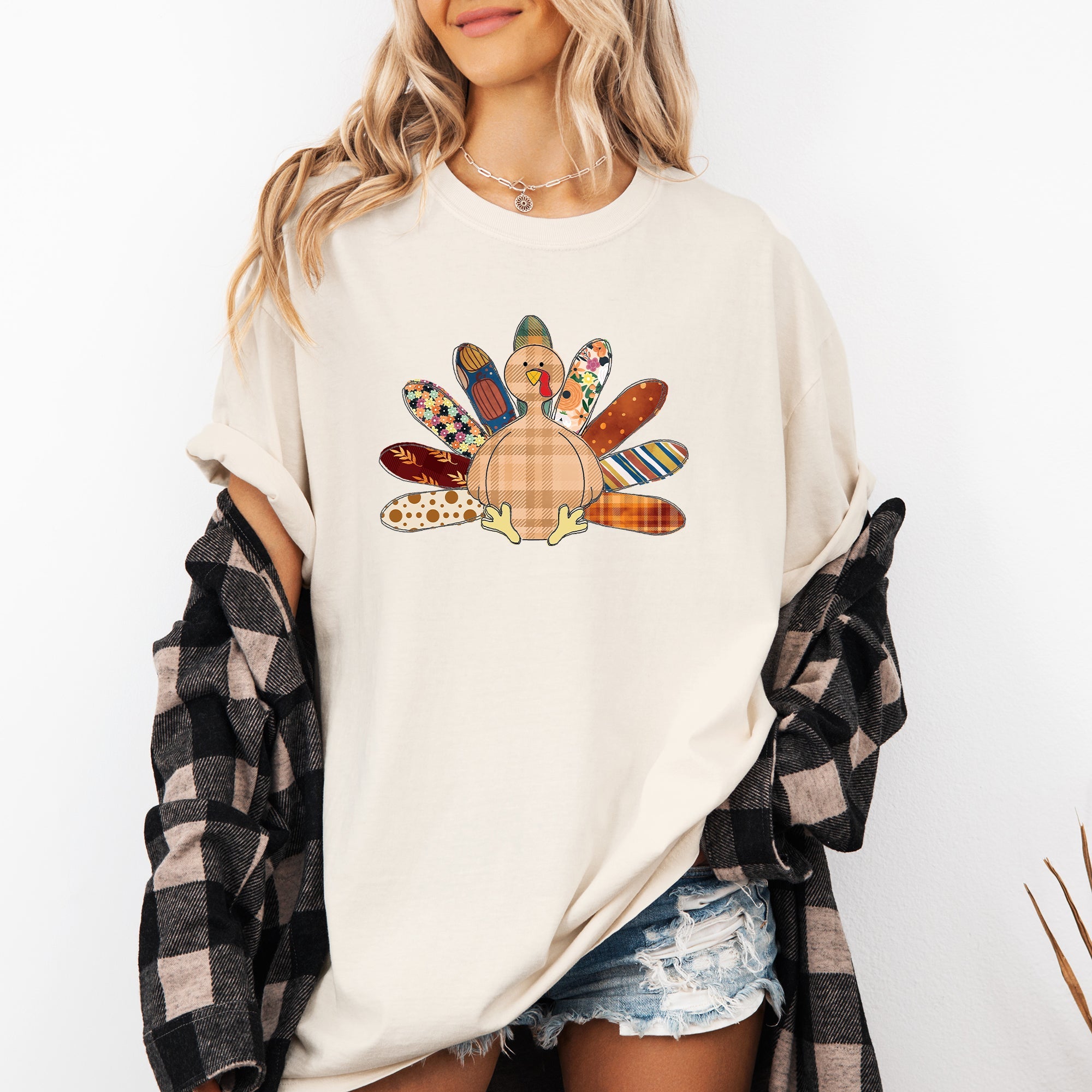 Thanksgiving Turkey Plaid Print Cute Autumn Patterns Vintage Cozy Rustic Graphic Comfort Colors Tee