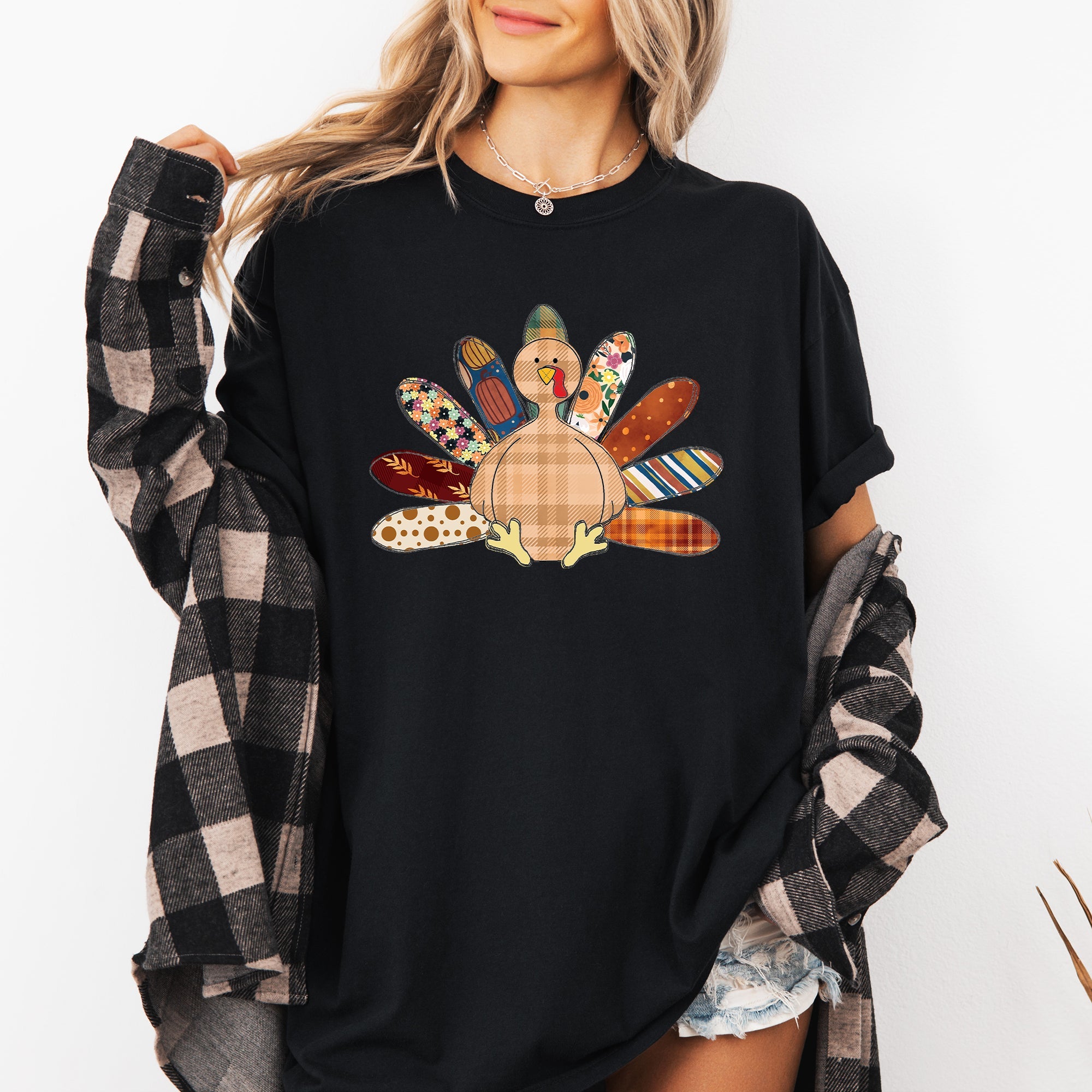 Thanksgiving Turkey Plaid Print Cute Autumn Patterns Vintage Cozy Rustic Graphic Comfort Colors Tee