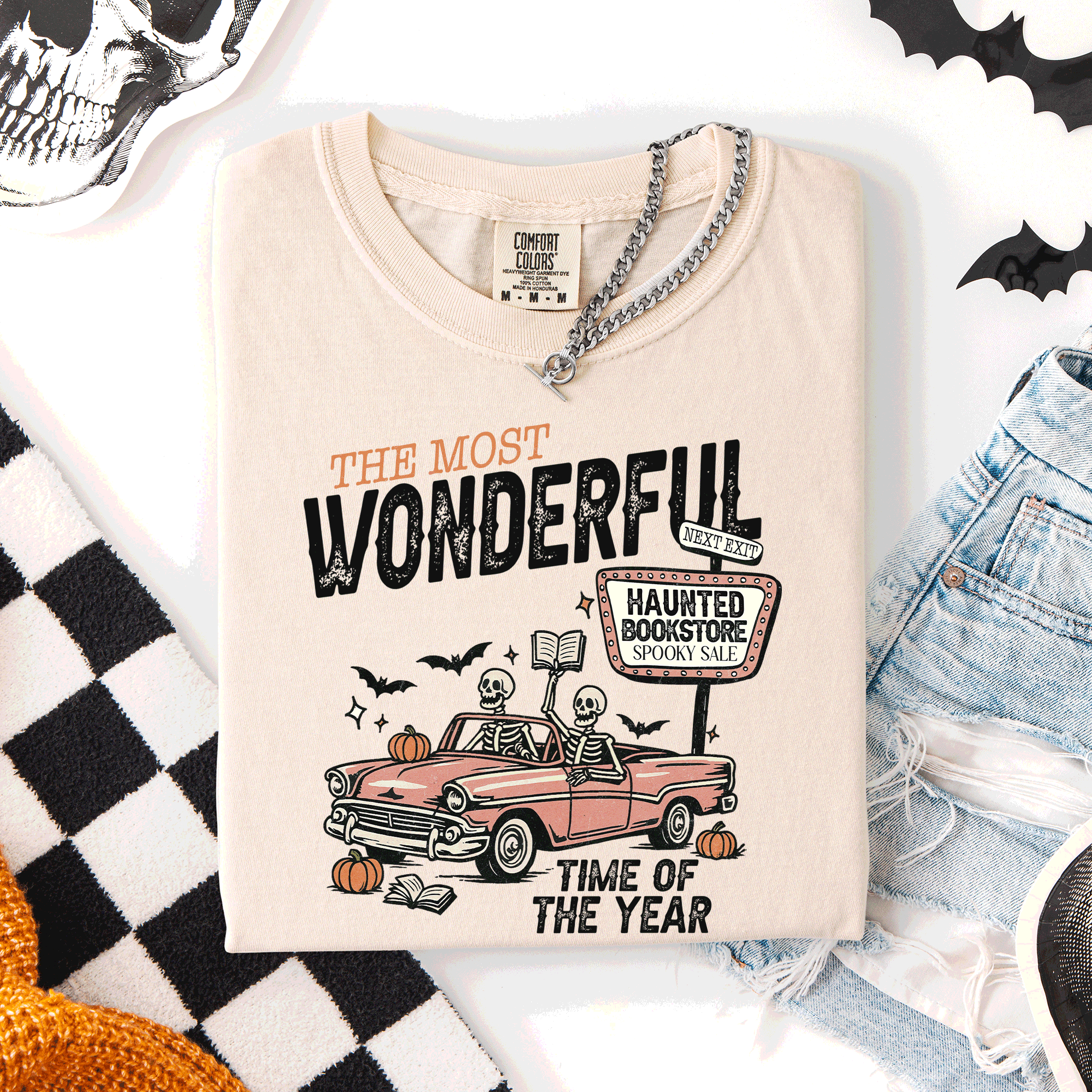 The Most Wonderful Time Of The Year Reading Skeleton Halloween Haunted Library Comfort Colors Tee