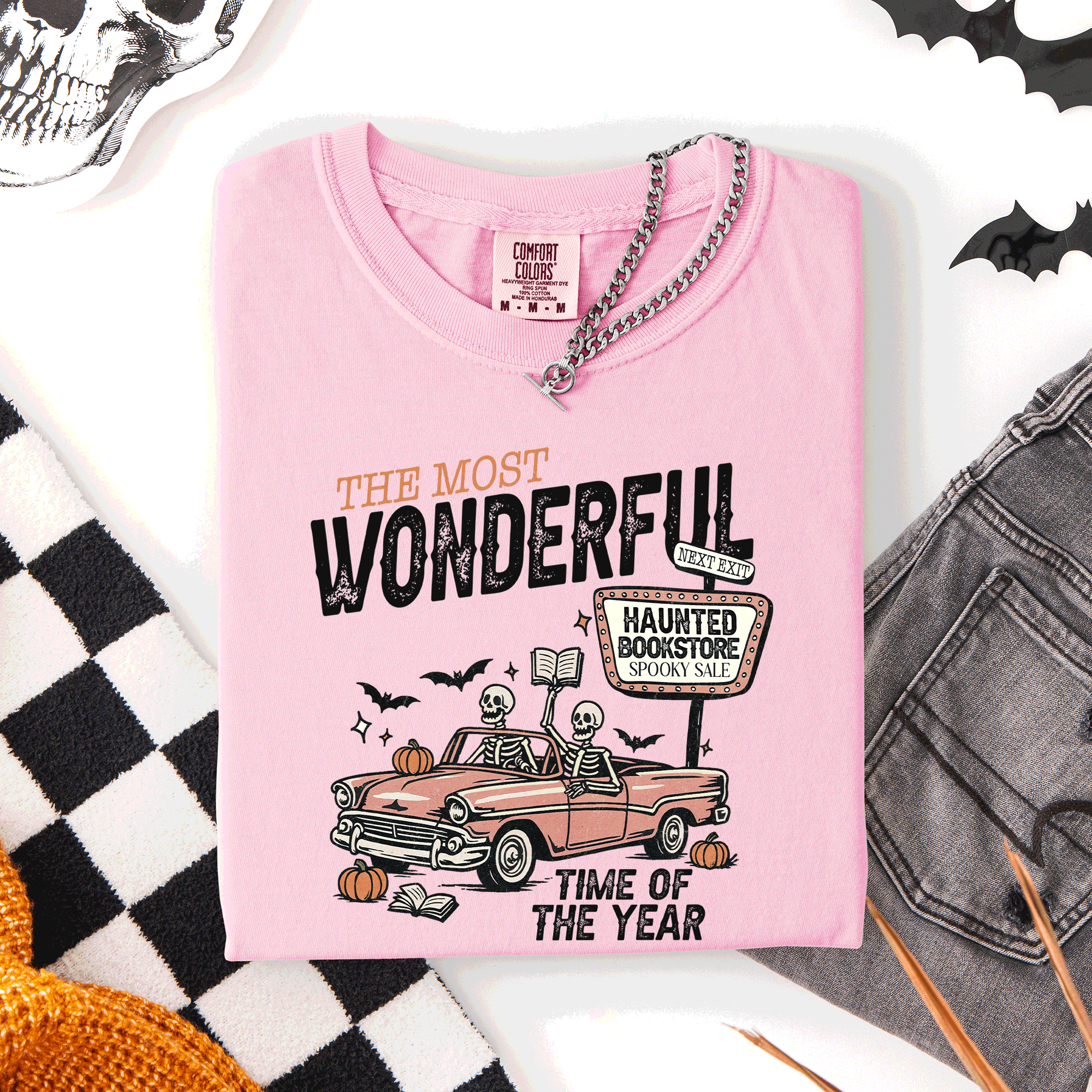 The Most Wonderful Time Of The Year Reading Skeleton Halloween Haunted Library Comfort Colors Tee