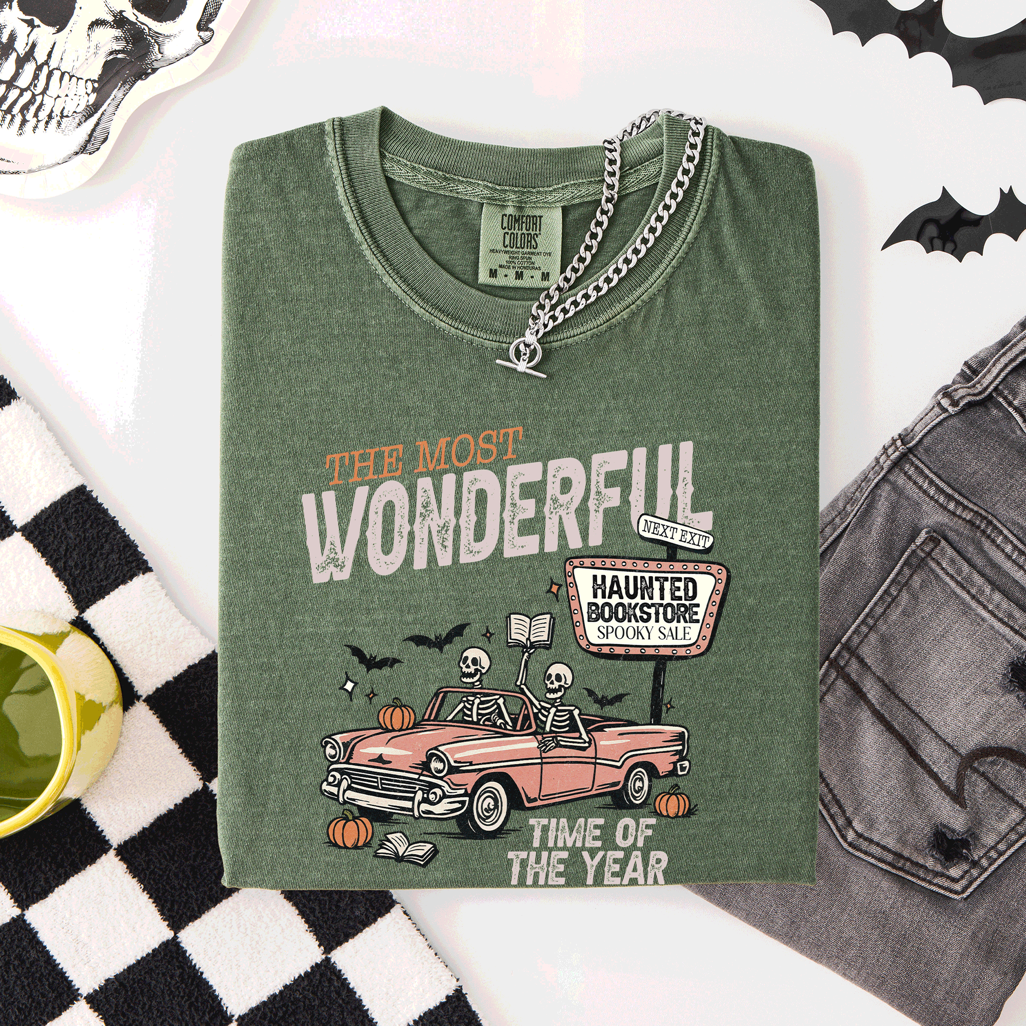 The Most Wonderful Time Of The Year Reading Skeleton Halloween Haunted Library Comfort Colors Tee