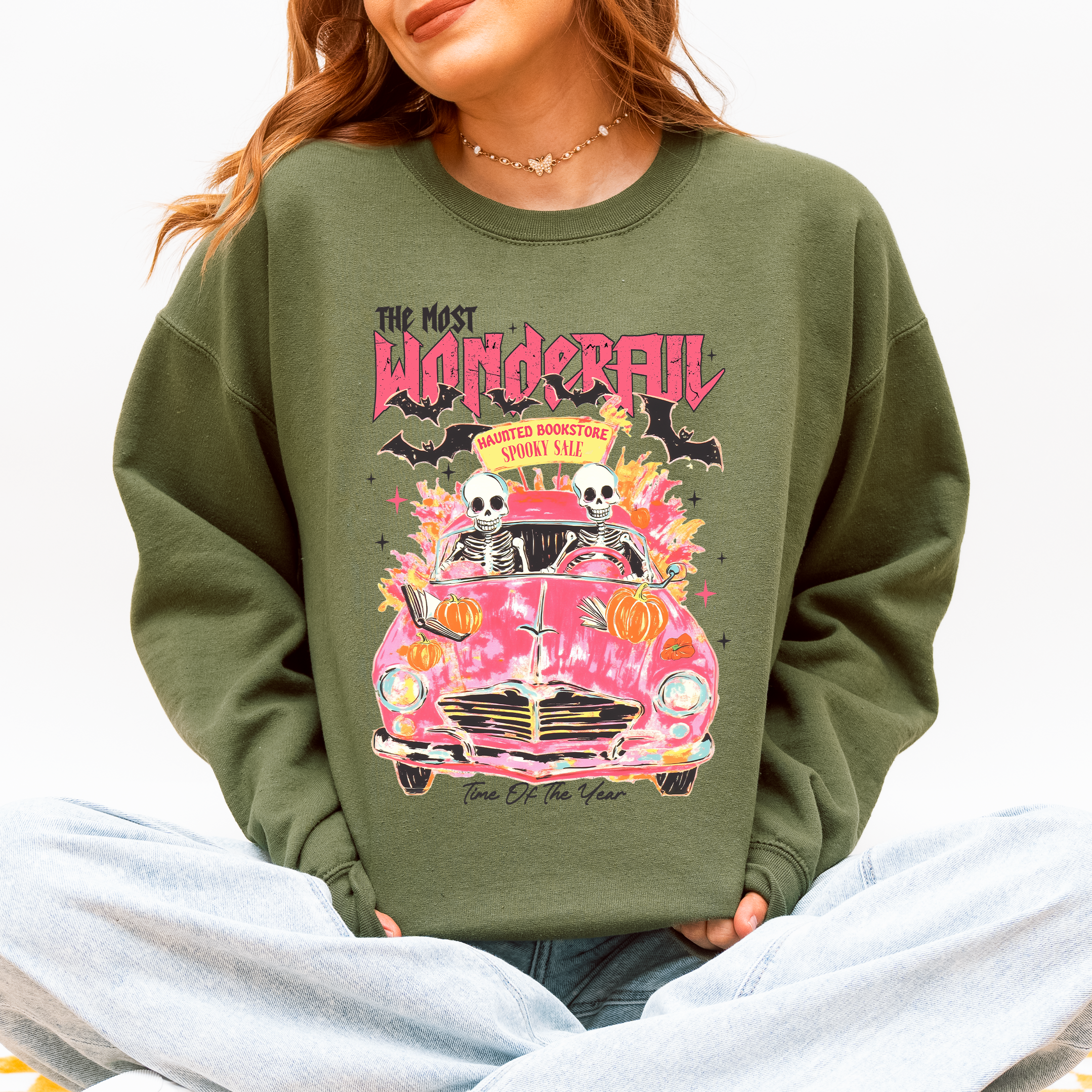 The Most Wonderful Time Of The Year Reading Skeletons Spooky Halloween Graphic Sweatshirt