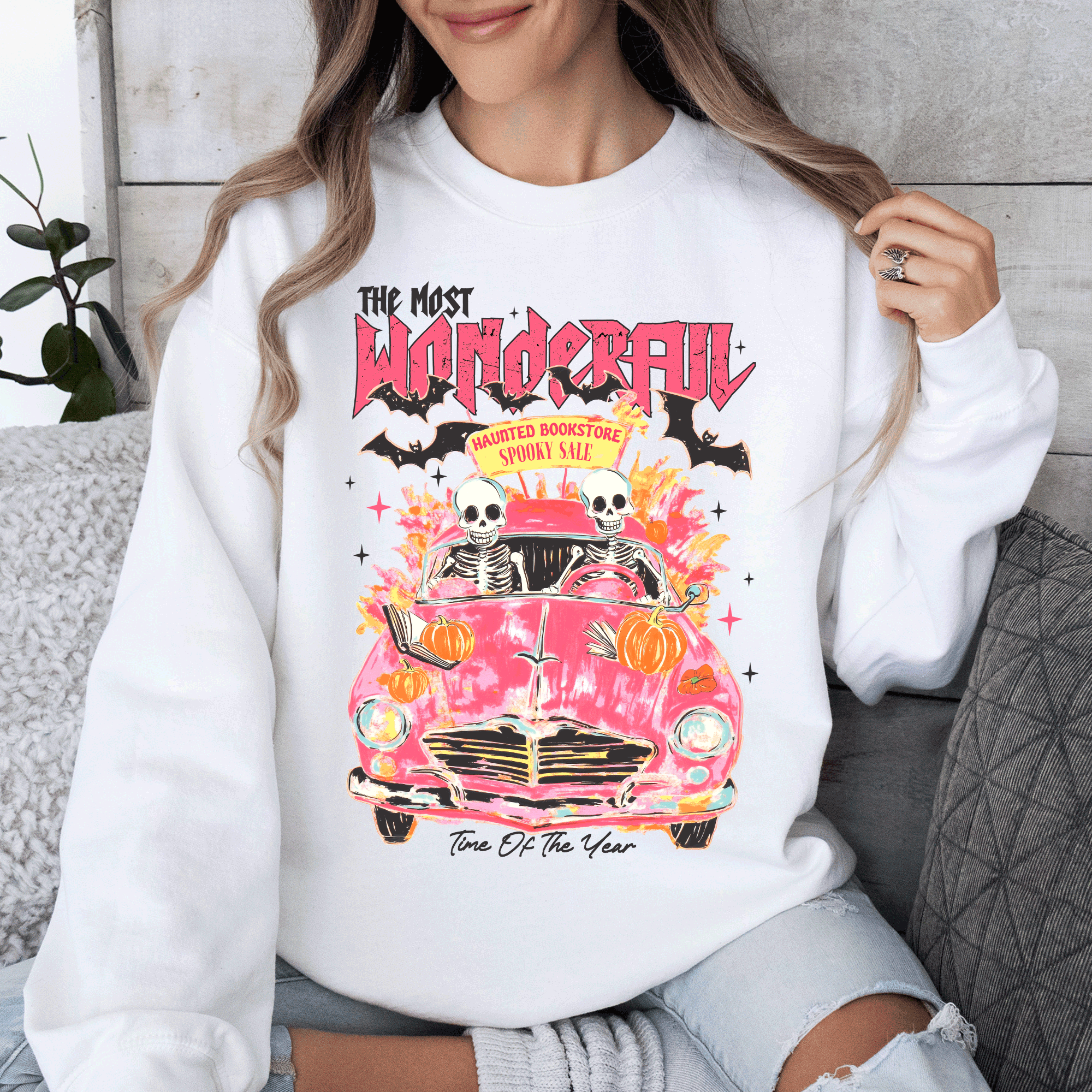 The Most Wonderful Time Of The Year Reading Skeletons Spooky Halloween Graphic Sweatshirt