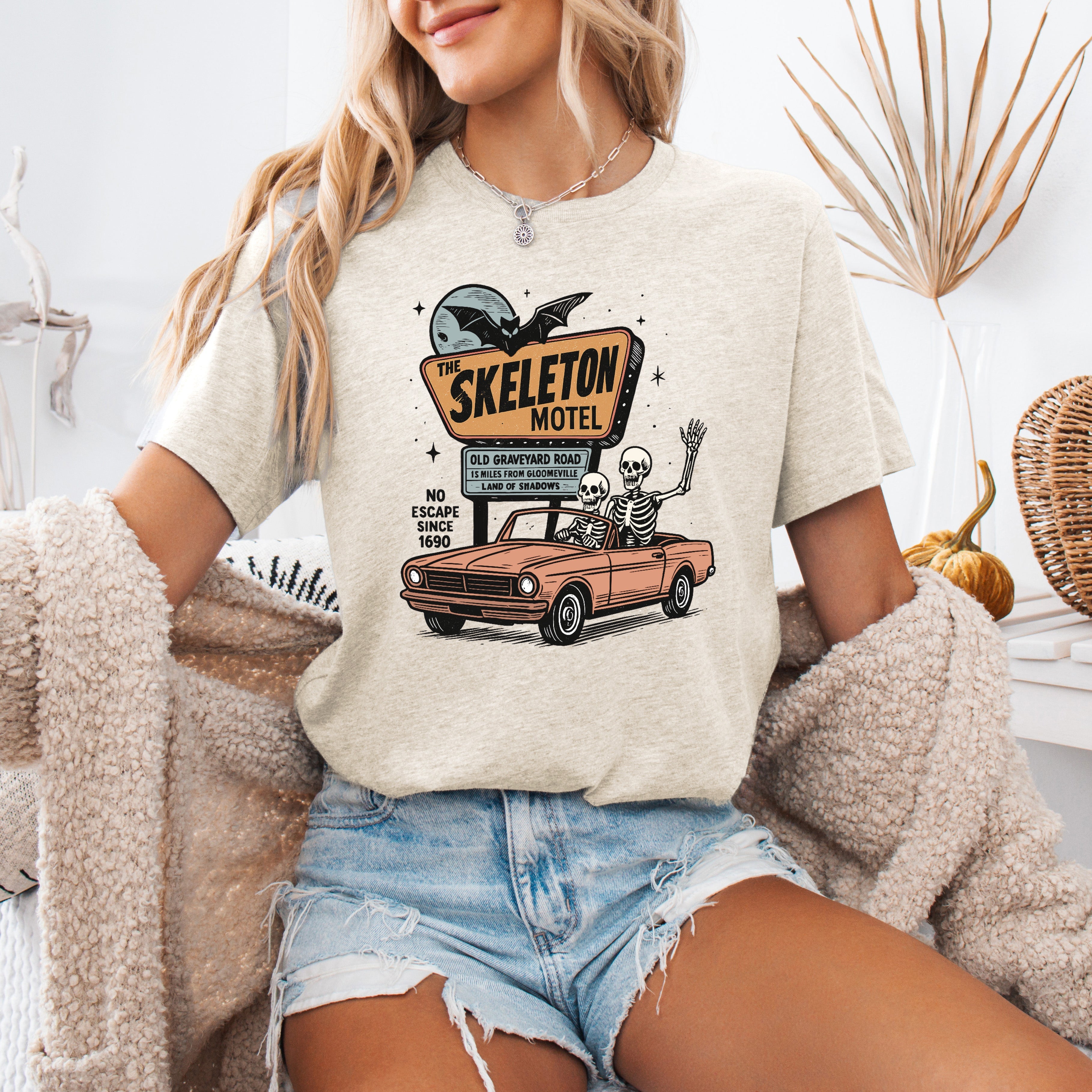 The Skeleton Motel Spooky Halloween Scene With Haunting Motel Vibes Limited Edition Collectible Print Graphic Tee