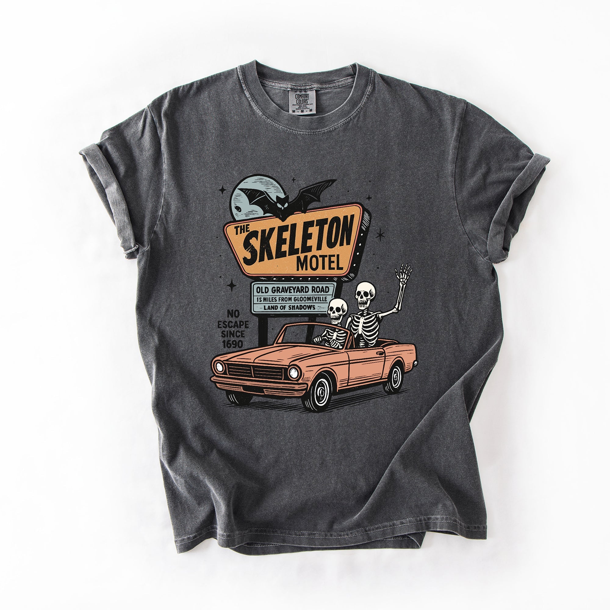 The Skeleton Motel Reading Skeletons Spooky Halloween Graphic Comfort Colors Tee