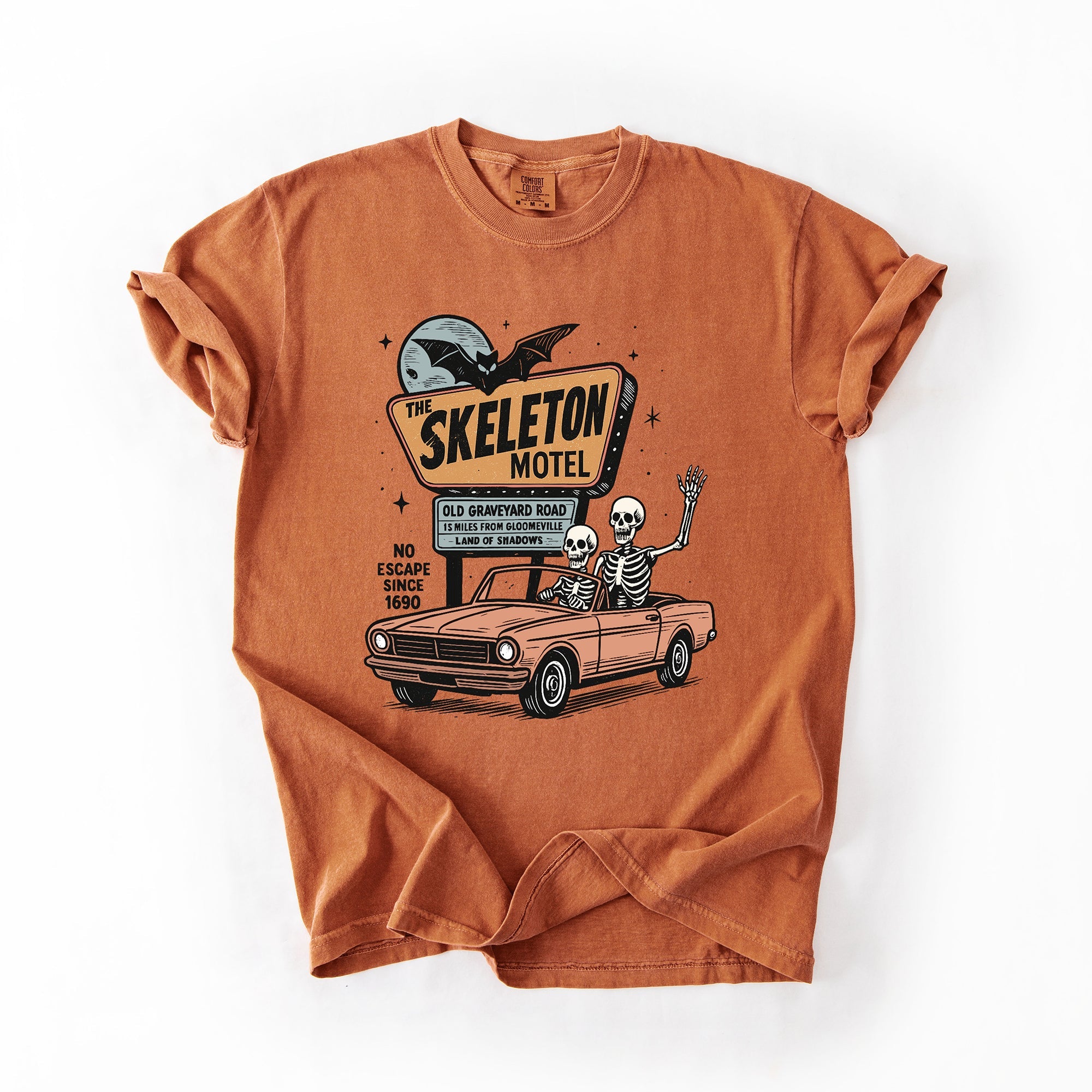 The Skeleton Motel Reading Skeletons Spooky Halloween Graphic Comfort Colors Tee