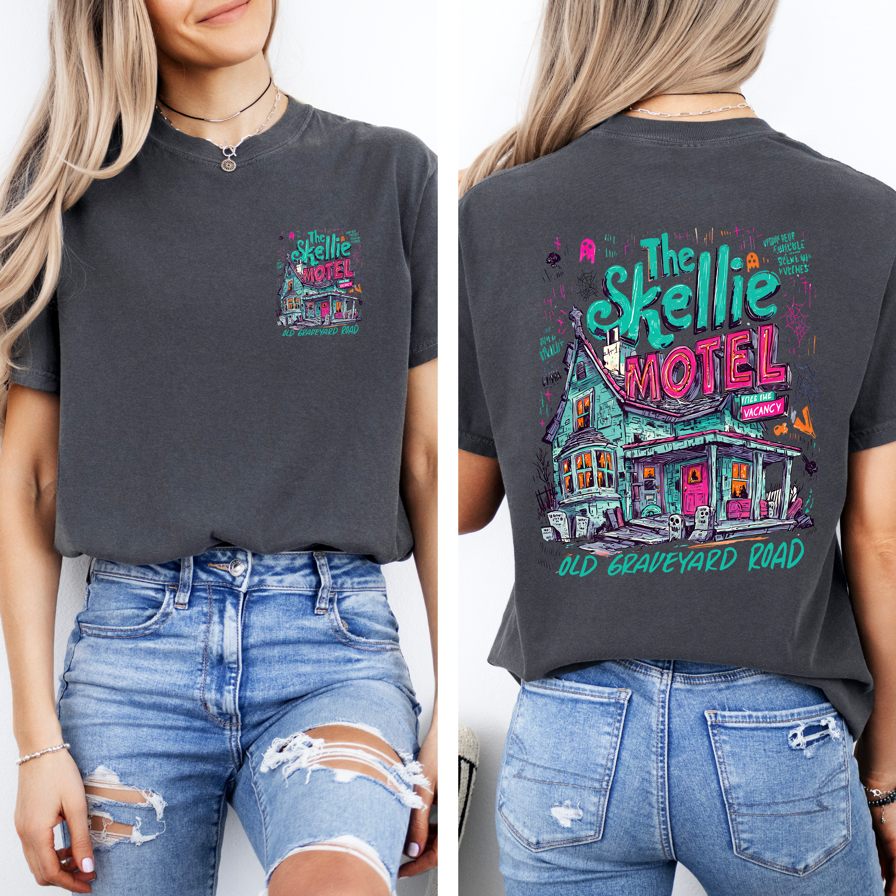 The Skellie Motel Haunted House Front And Back Design With Bats Ghosts And Witches Comfort Colors Tee