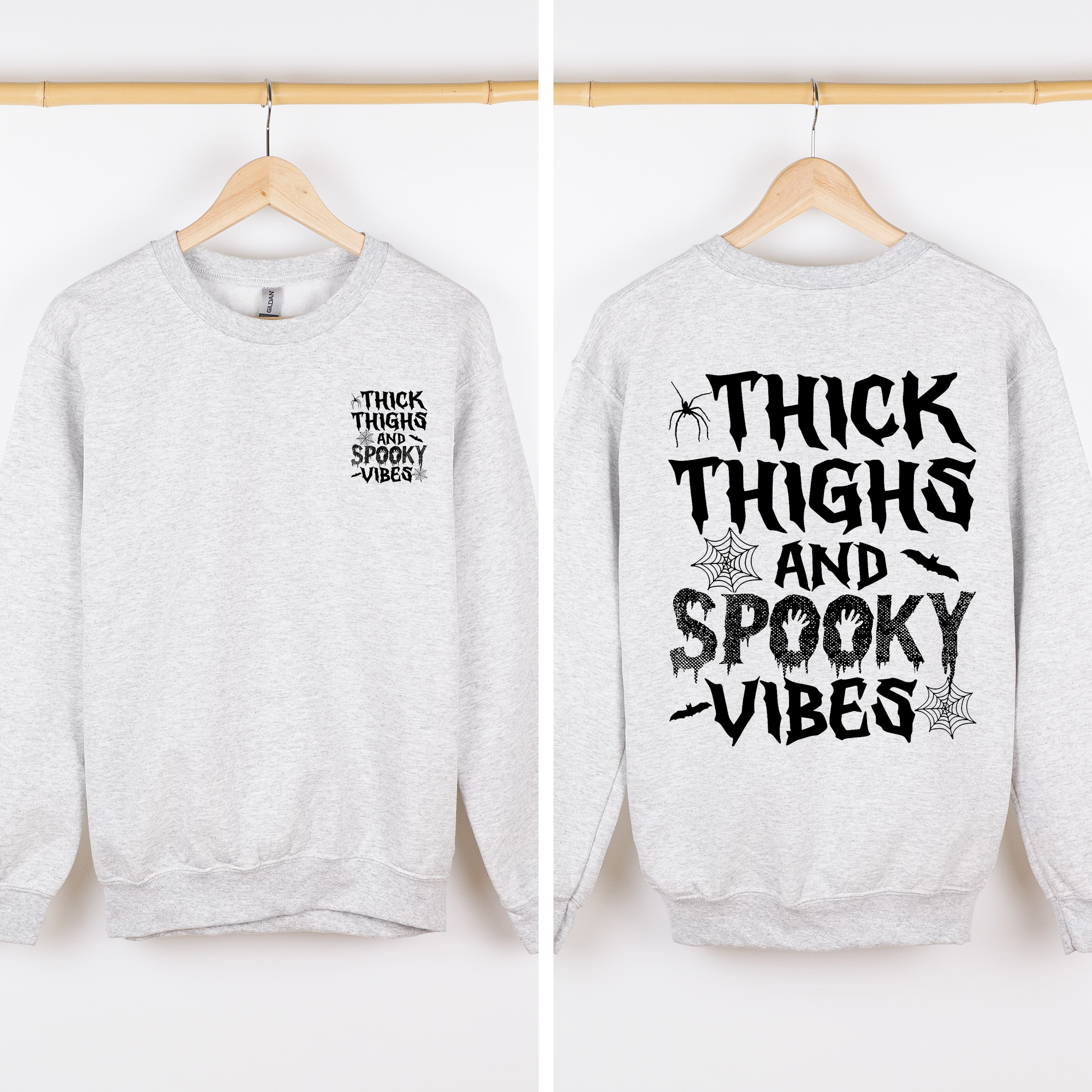 Thick Thighs Spooky Vibes Front And Back Faux Patchwork Lace Ghost Motif With Glitter Accent Halloween Edition Hoodie