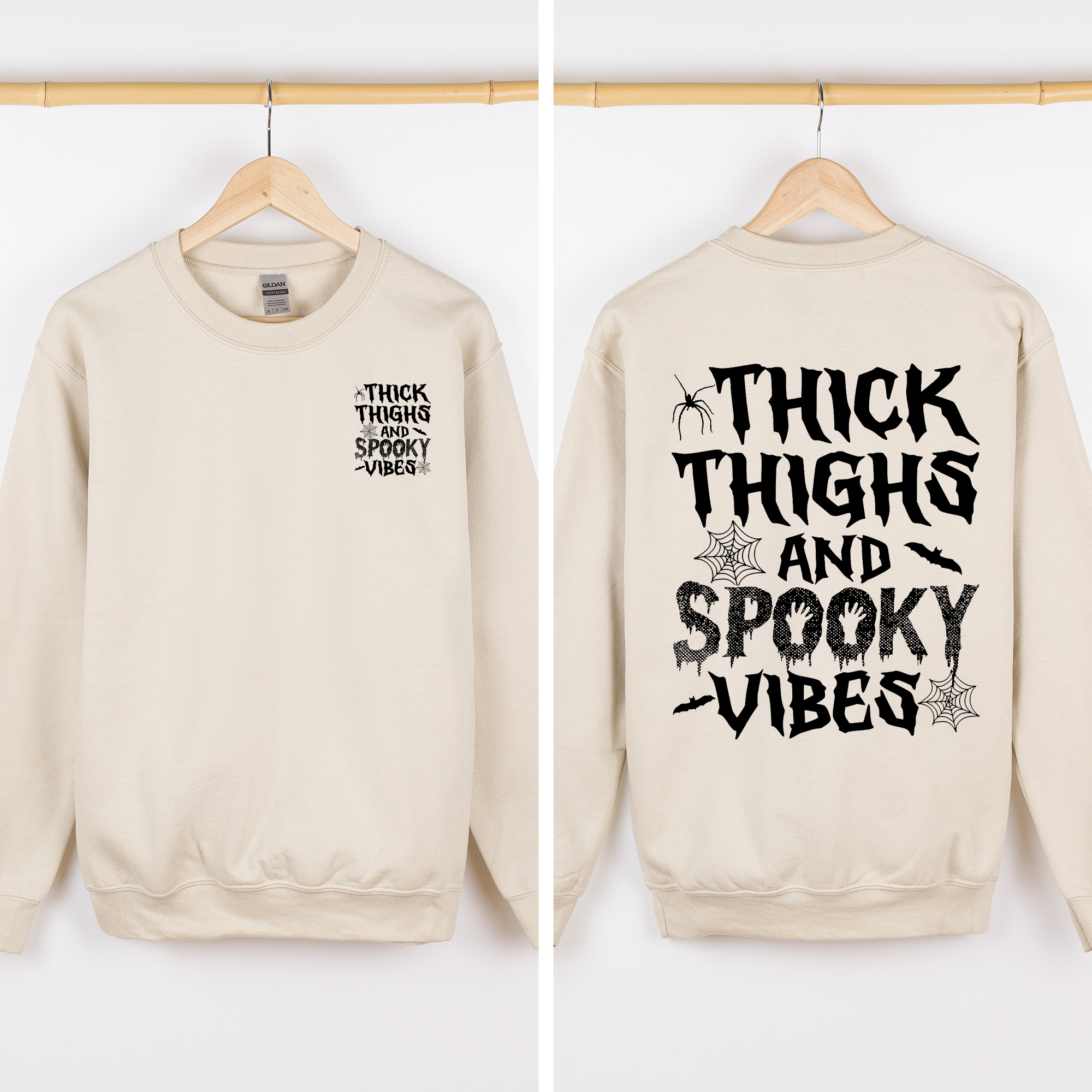 Thick Thighs Spooky Vibes Front And Back Faux Patchwork Lace Ghost Motif With Glitter Accent Halloween Edition Hoodie