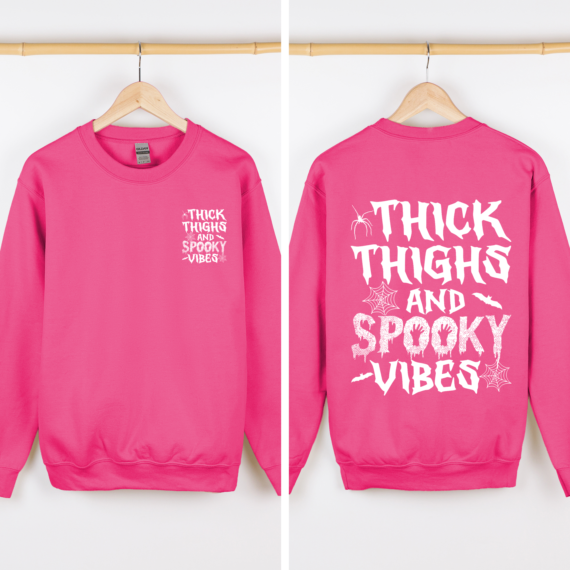 Thick Thighs Spooky Vibes Front And Back Faux Patchwork Lace Ghost Motif With Glitter Accent Halloween Edition Hoodie
