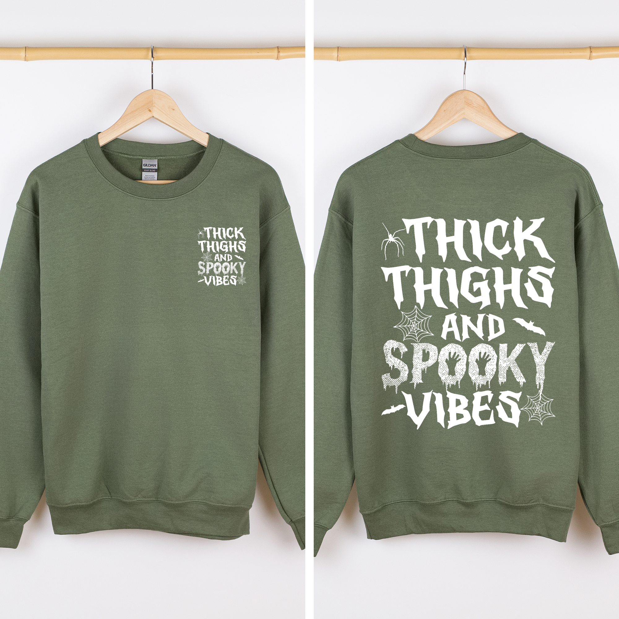 Thick Thighs Spooky Vibes Front And Back Faux Patchwork Lace Ghost Motif With Glitter Accent Halloween Edition Hoodie