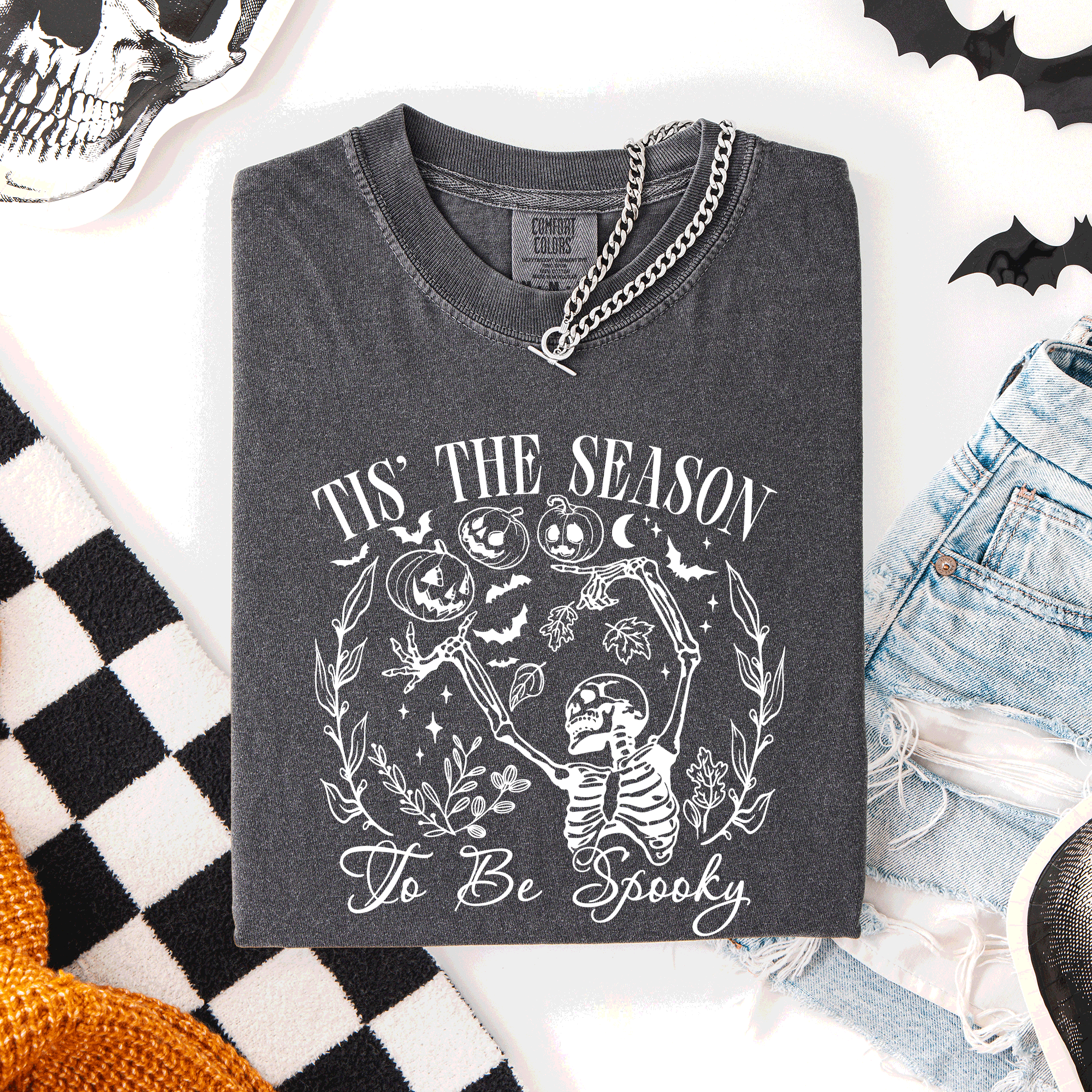 Tis The Season To Be Spooky Retro Classic Halloween Skeleton Edition Comfort Colors Tee
