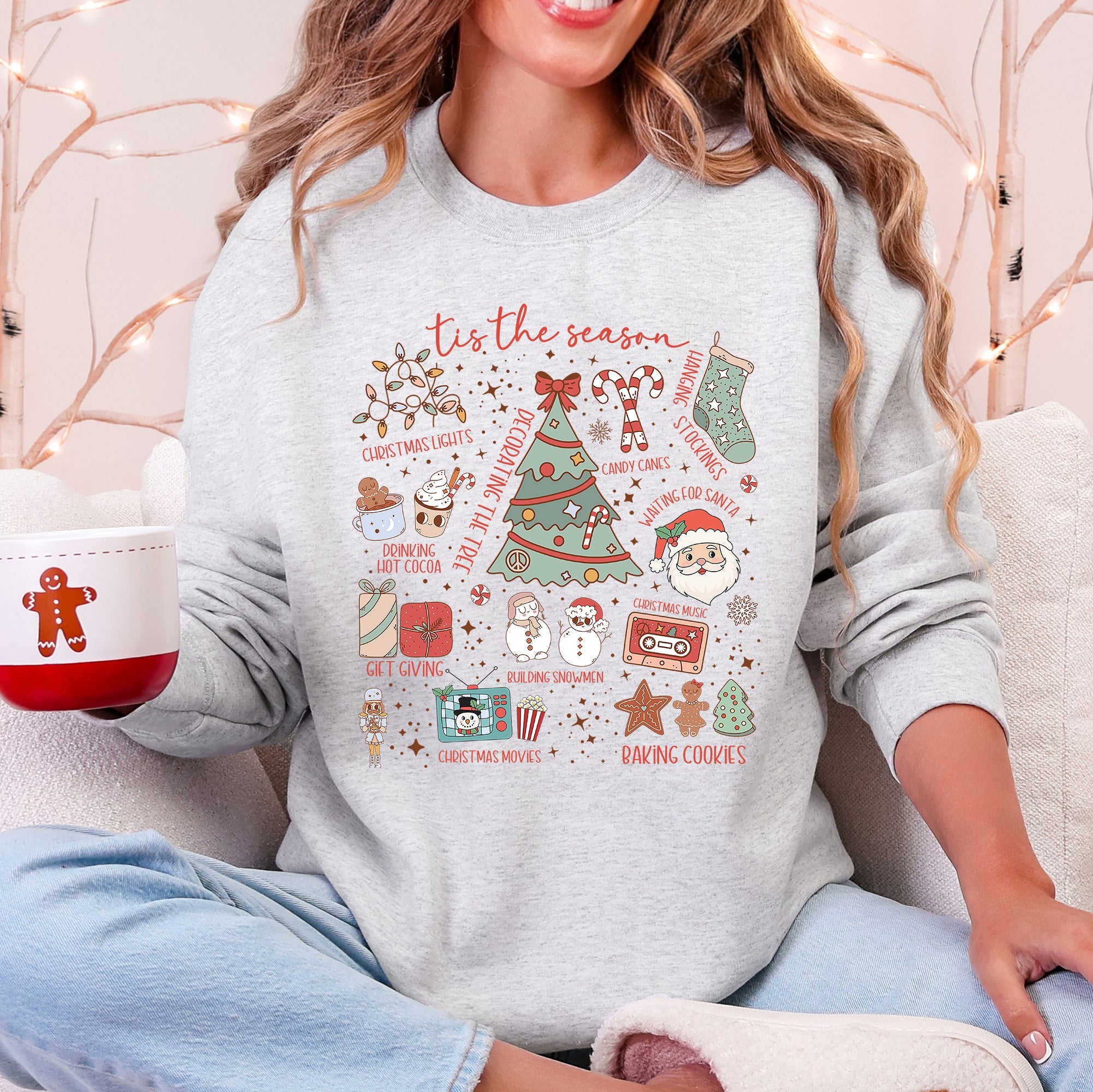 Tis The Season Christmas Santa Tree Snowman Cookies Gifts Cozy Holiday Sweatshirt