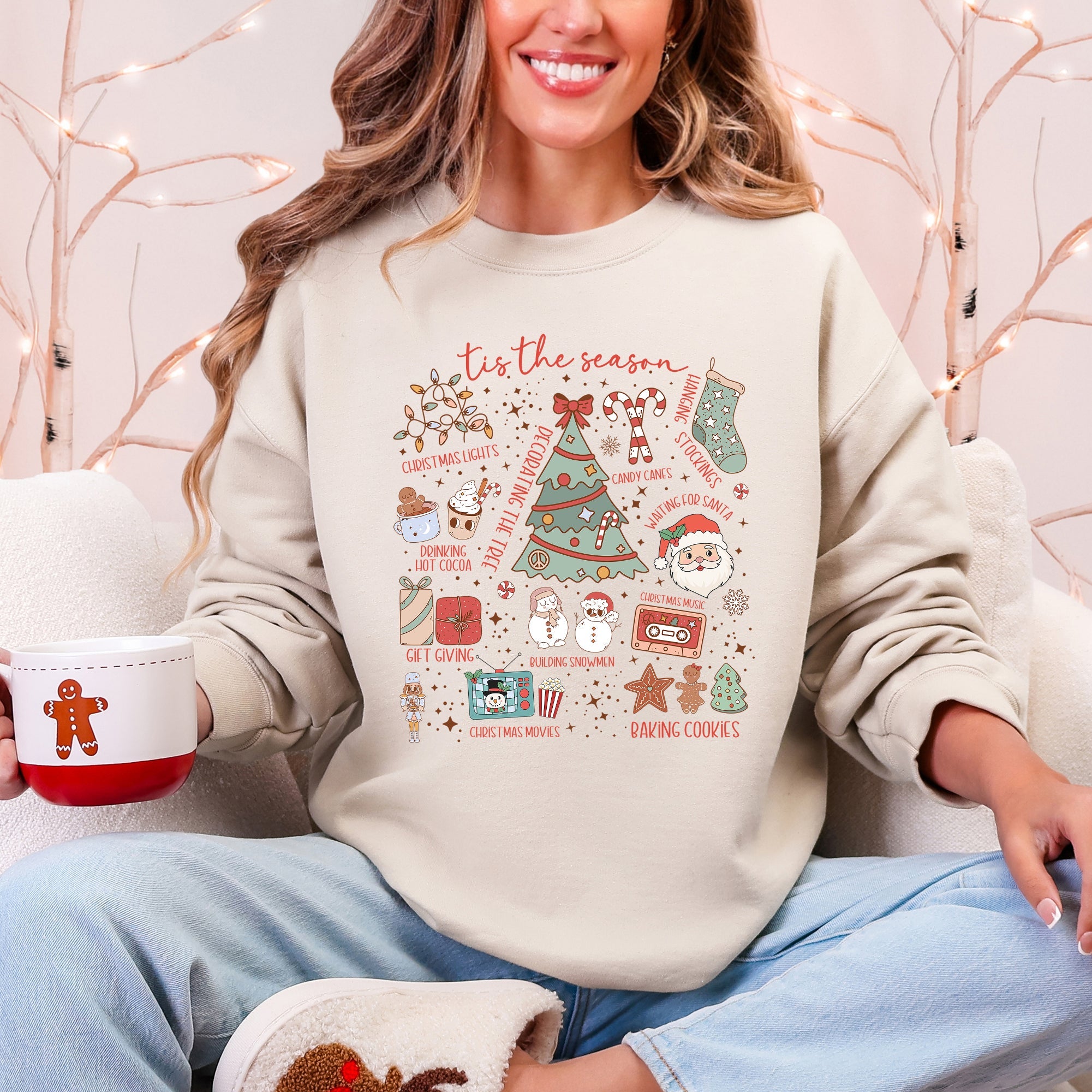 Tis The Season Christmas Santa Tree Snowman Cookies Gifts Cozy Holiday Sweatshirt