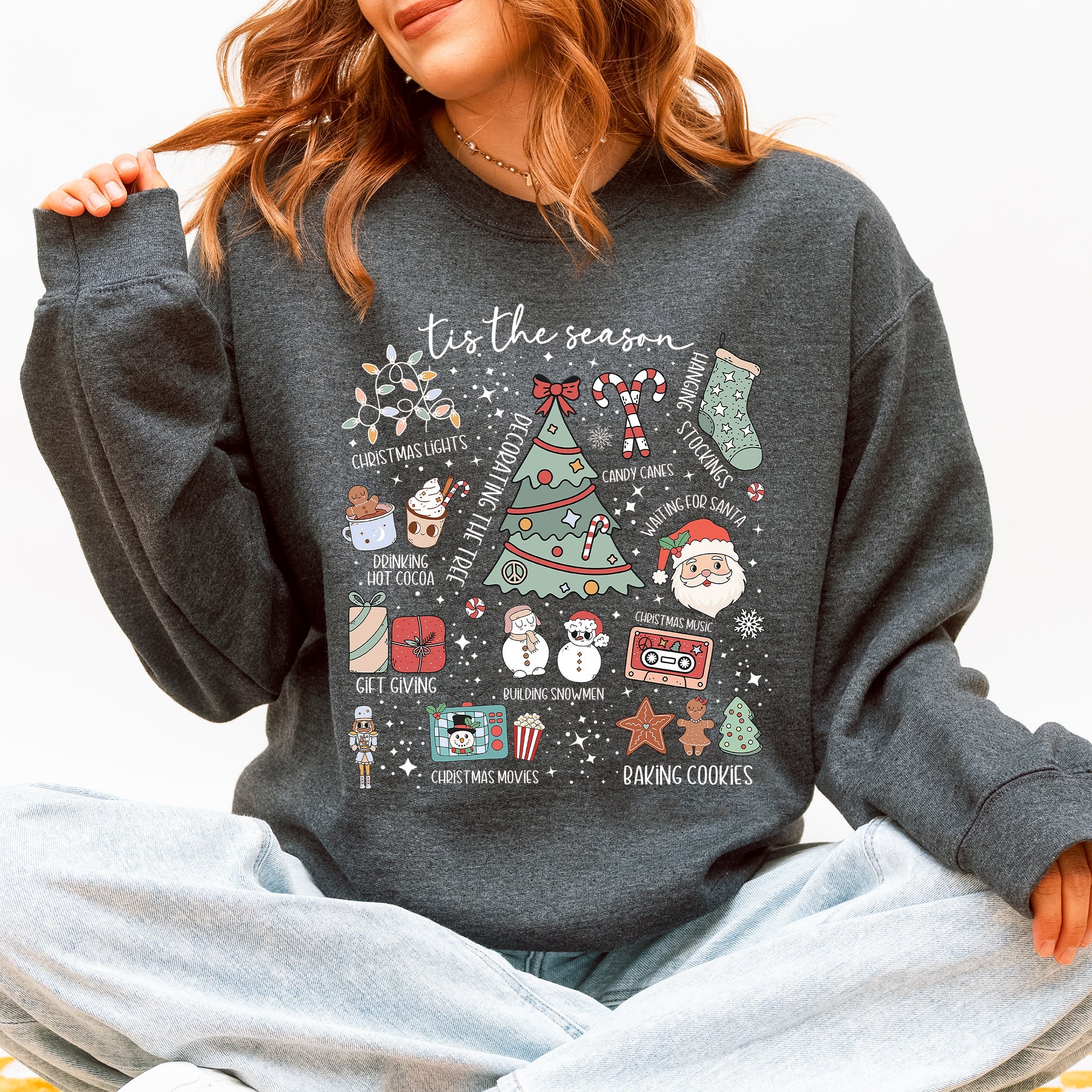 Tis The Season Christmas Santa Tree Snowman Cookies Gifts Cozy Holiday Sweatshirt
