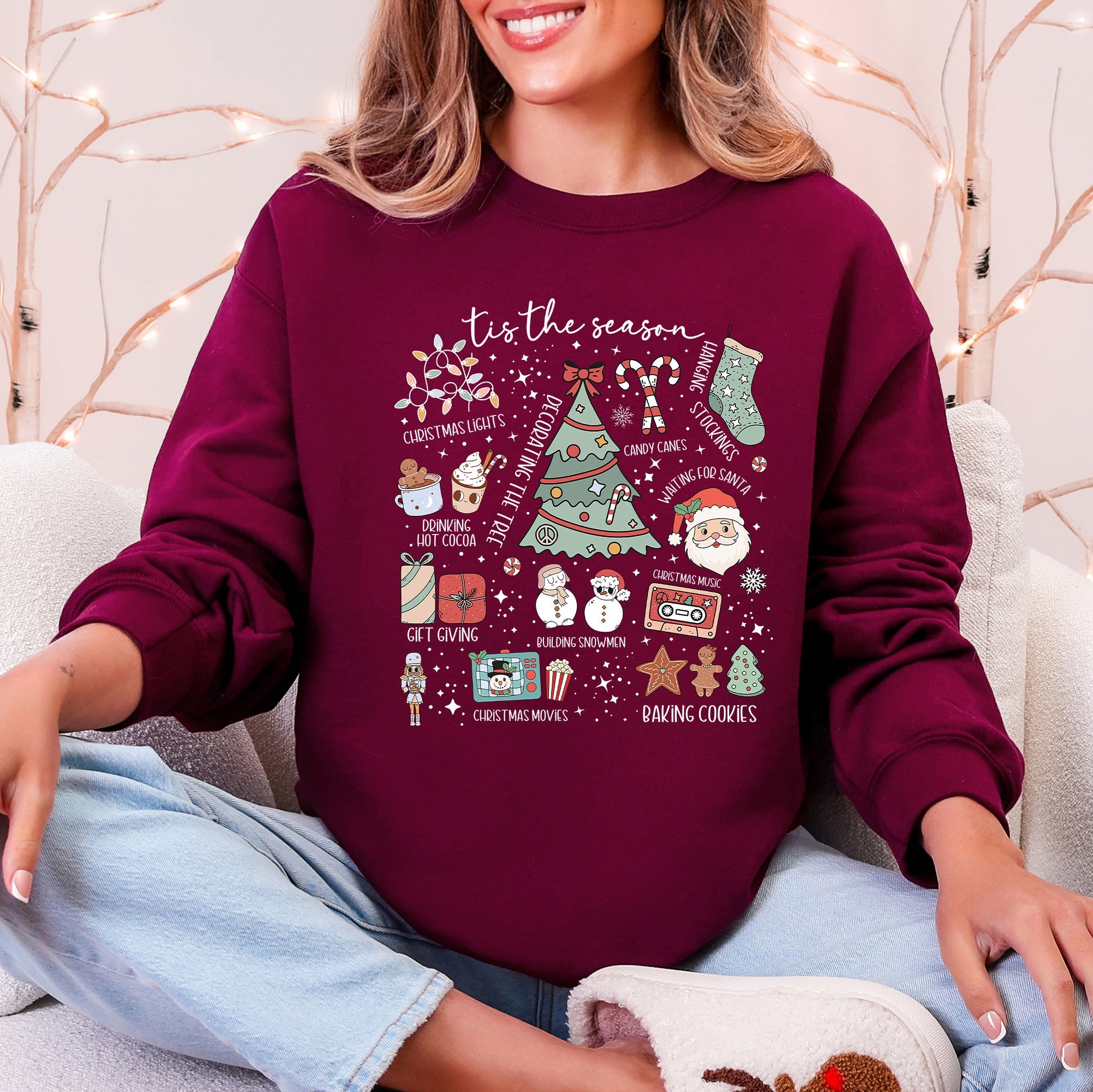 Tis The Season Christmas Santa Tree Snowman Cookies Gifts Cozy Holiday Sweatshirt