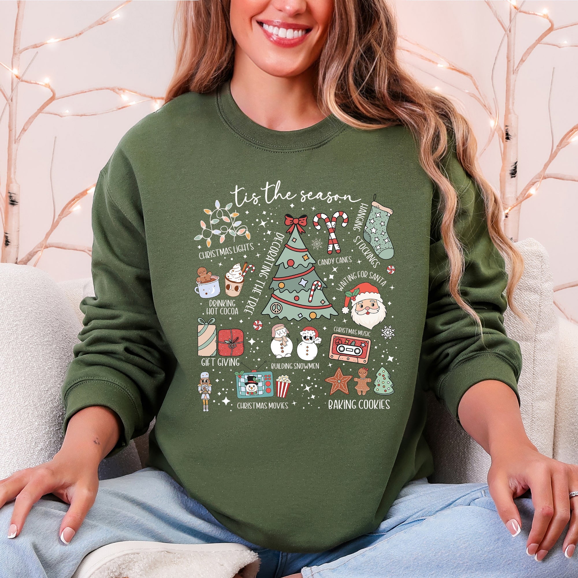 Tis The Season Christmas Santa Tree Snowman Cookies Gifts Cozy Holiday Sweatshirt