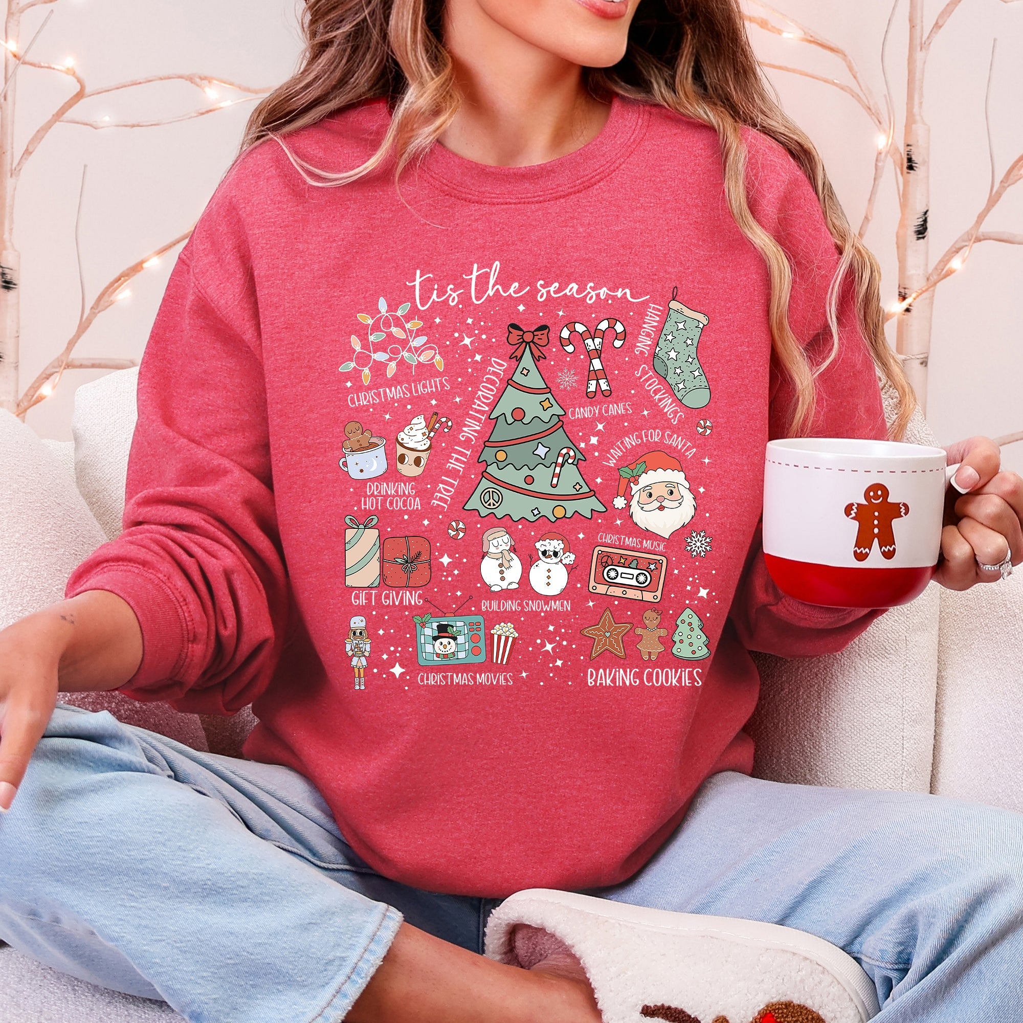 Tis The Season Christmas Santa Tree Snowman Cookies Gifts Cozy Holiday Sweatshirt