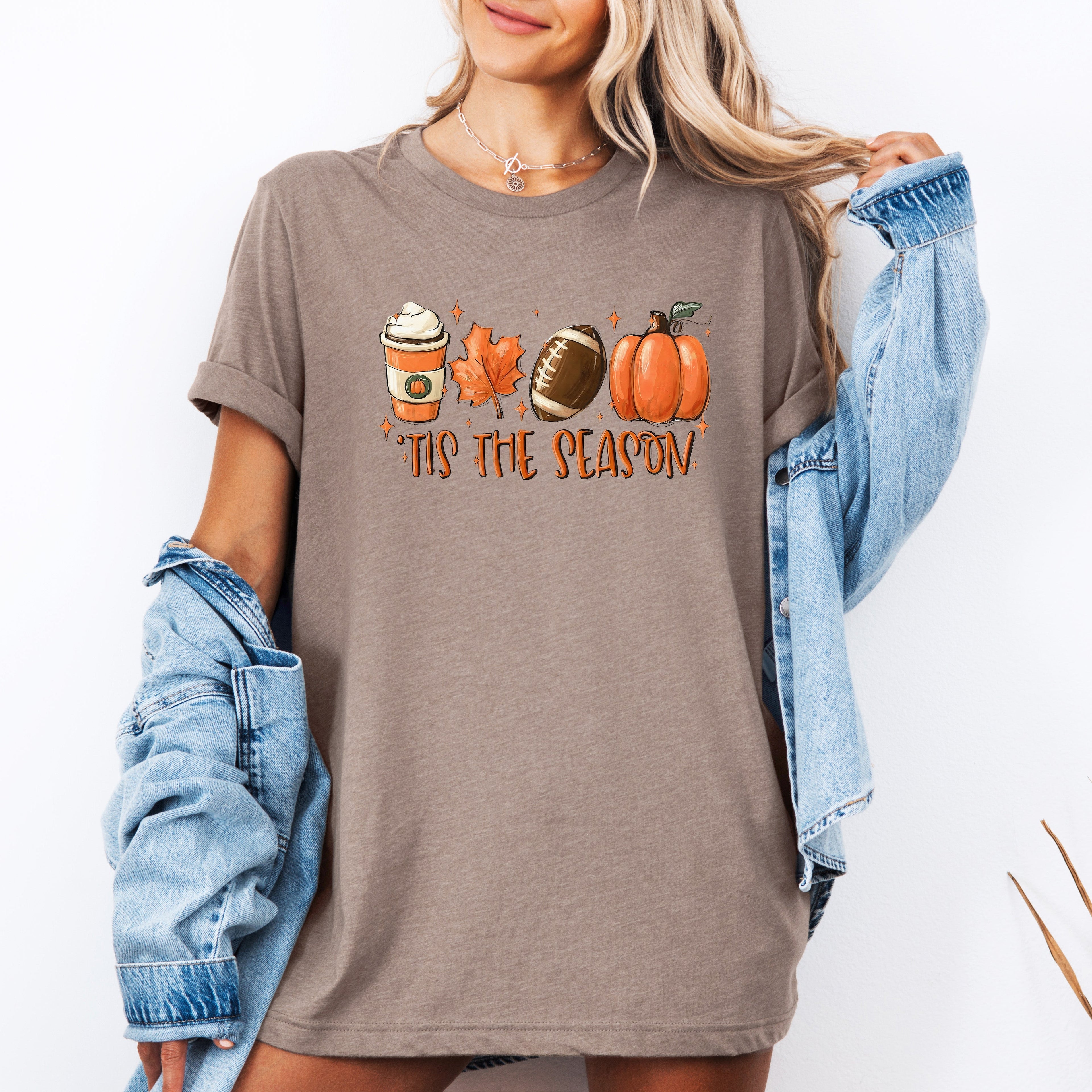 Tis The Season Football Game Day Pumpkin Coffee Autumn Fall Seasonal Graphic Tee