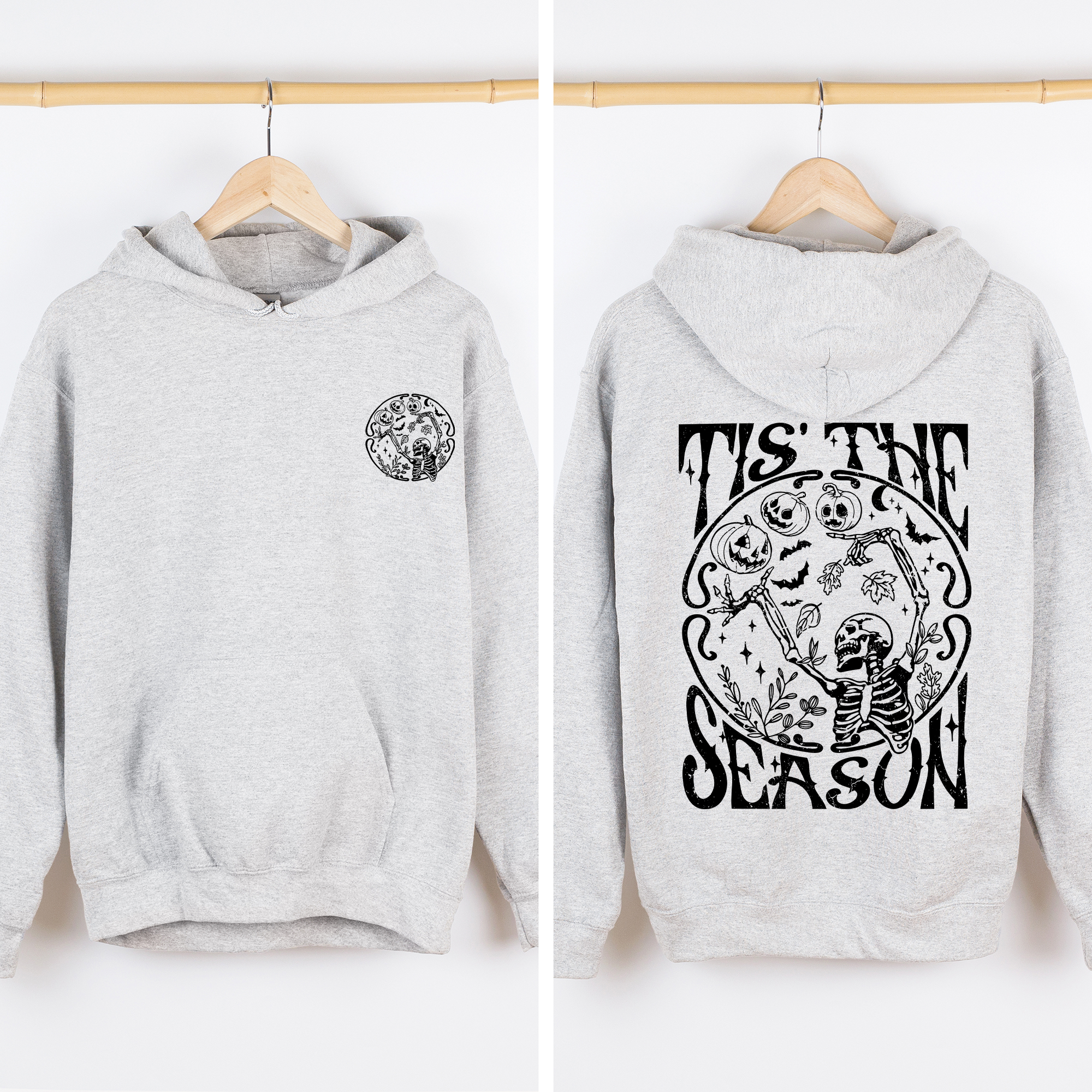Tis The Season Spooky Skeleton Pink Ribbon Lace Front And Back Halloween Graphic Hoodie