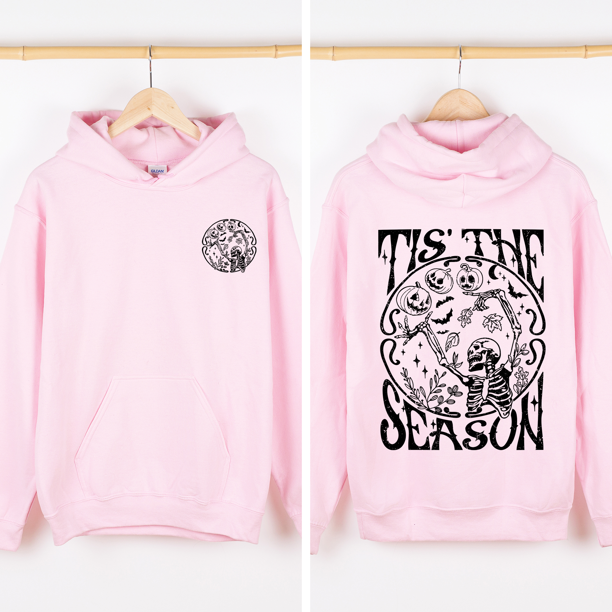 Tis The Season Spooky Skeleton Pink Ribbon Lace Front And Back Halloween Graphic Hoodie