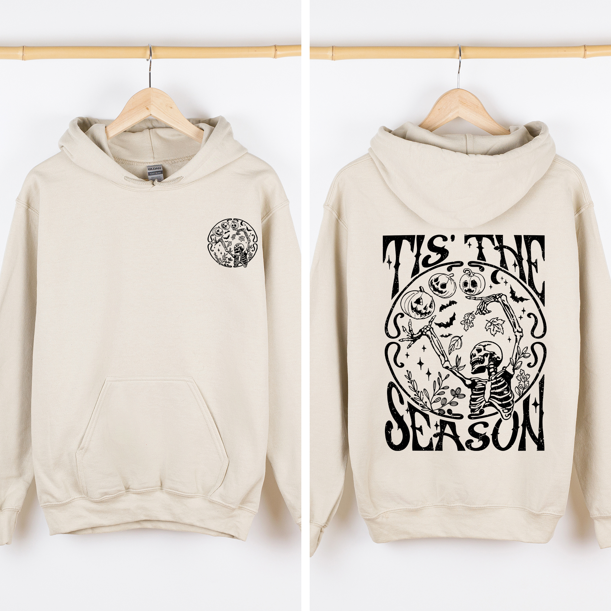 Tis The Season Spooky Skeleton Pink Ribbon Lace Front And Back Halloween Graphic Hoodie