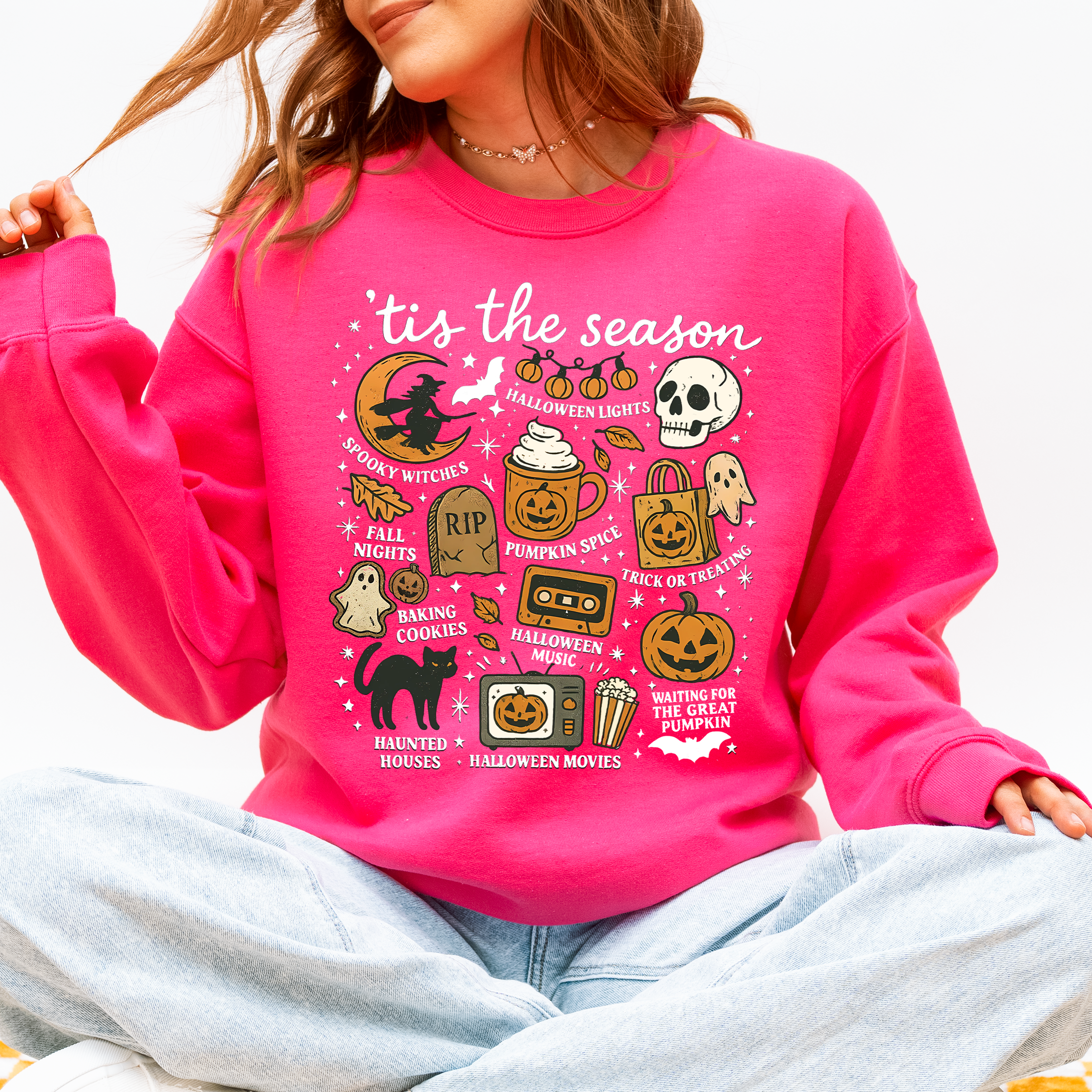Tis The Season Halloween Skeleton Black Cat Witch Ghost Pumpkin Spooky Sweatshirt