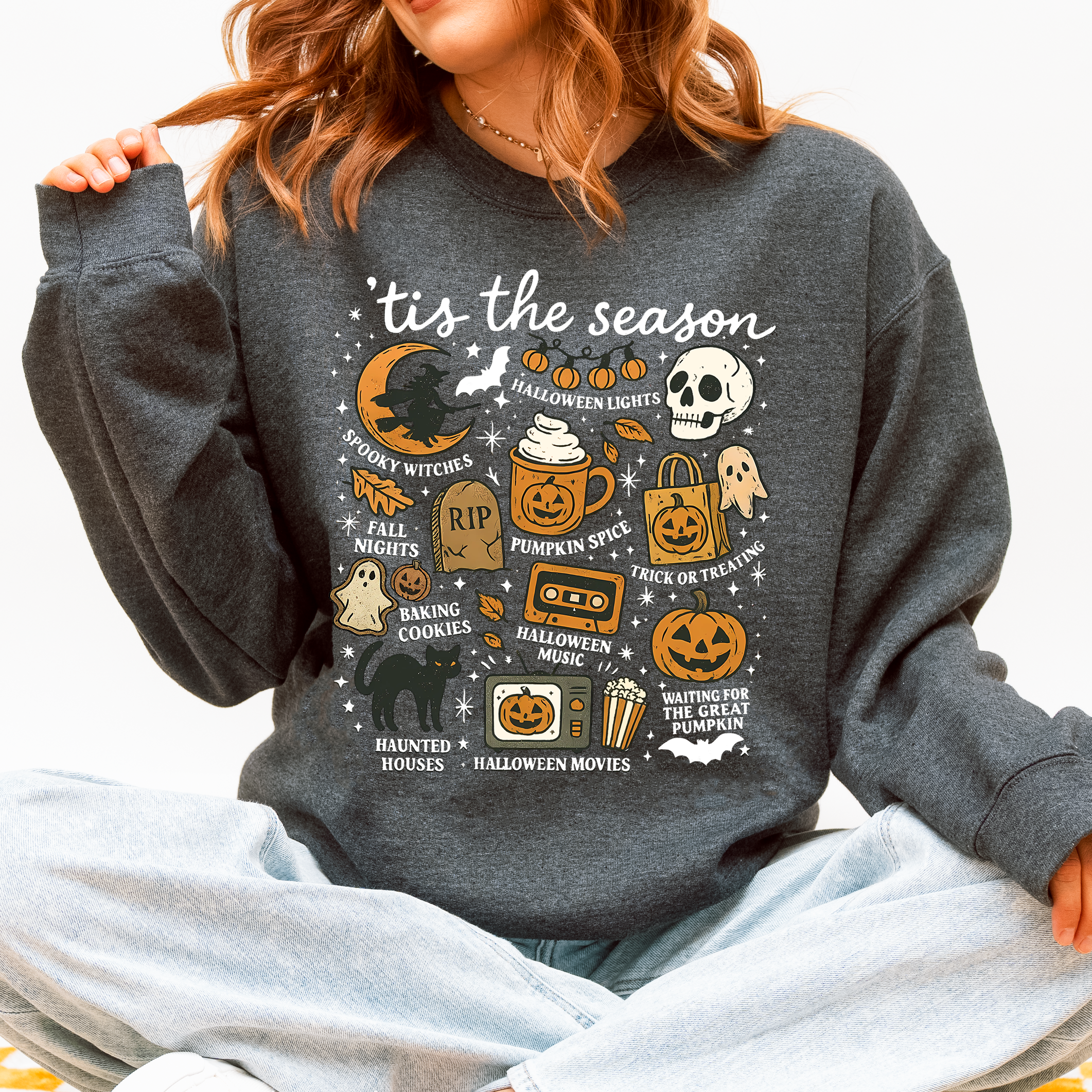 Tis The Season Halloween Skeleton Black Cat Witch Ghost Pumpkin Spooky Sweatshirt