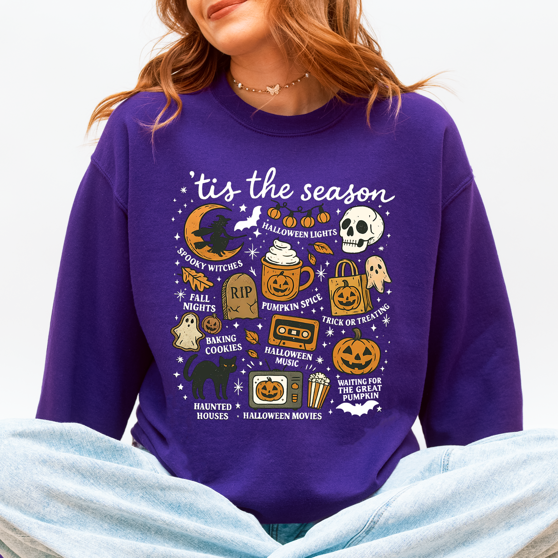 Tis The Season Halloween Skeleton Black Cat Witch Ghost Pumpkin Spooky Sweatshirt