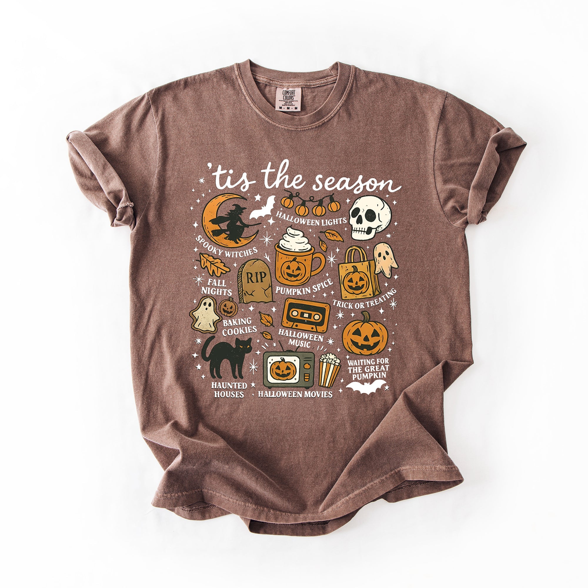 Tis The Season Halloween Skeleton Black Cat Witch Ghost Pumpkin Comfort Colors Tee