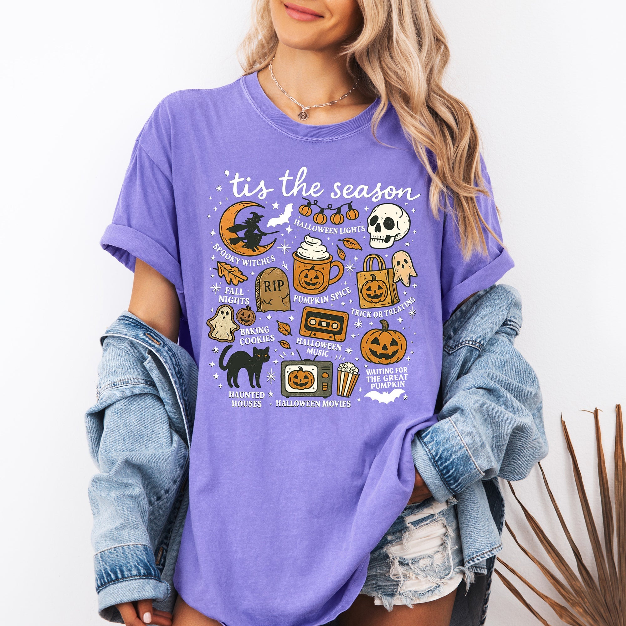 Tis The Season Halloween Skeleton Black Cat Witch Ghost Pumpkin Comfort Colors Tee
