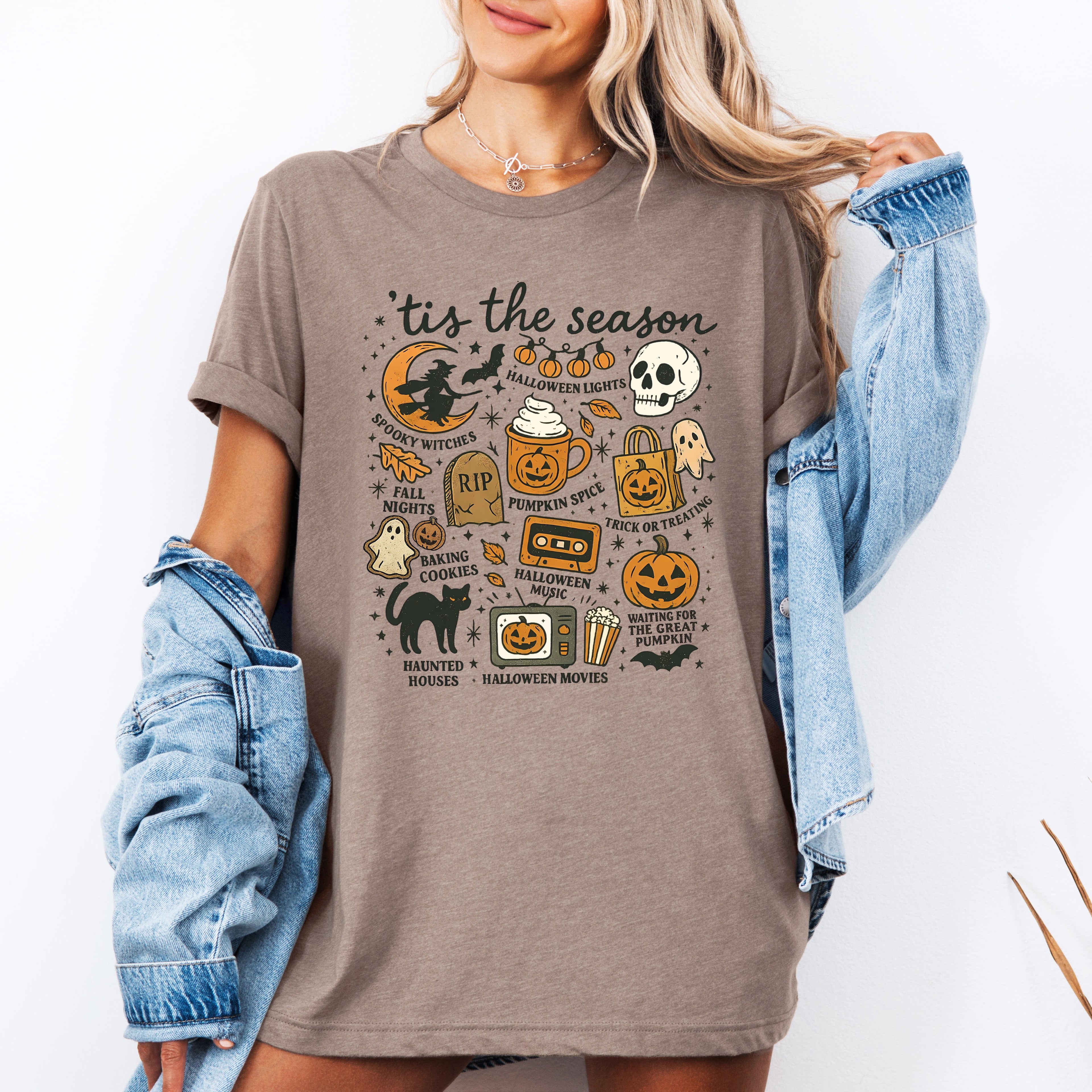 Tis The Season Halloween Skeleton Black Cat Witch Ghost Pumpkin Festive Graphic Tee