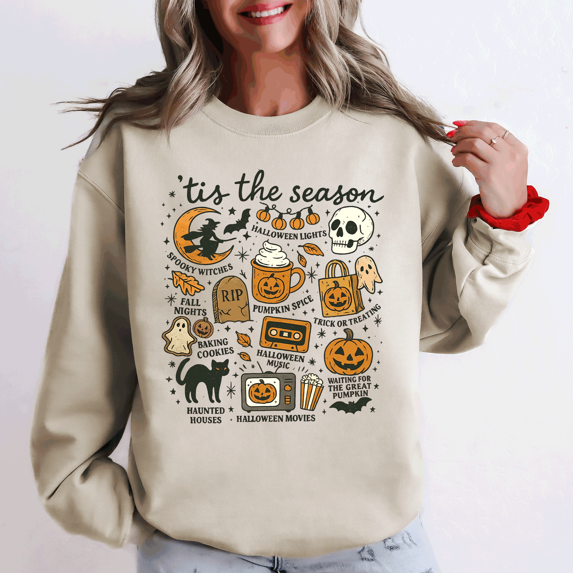 Tis The Season Halloween Skeleton Black Cat Witch Ghost Pumpkin Spooky Sweatshirt
