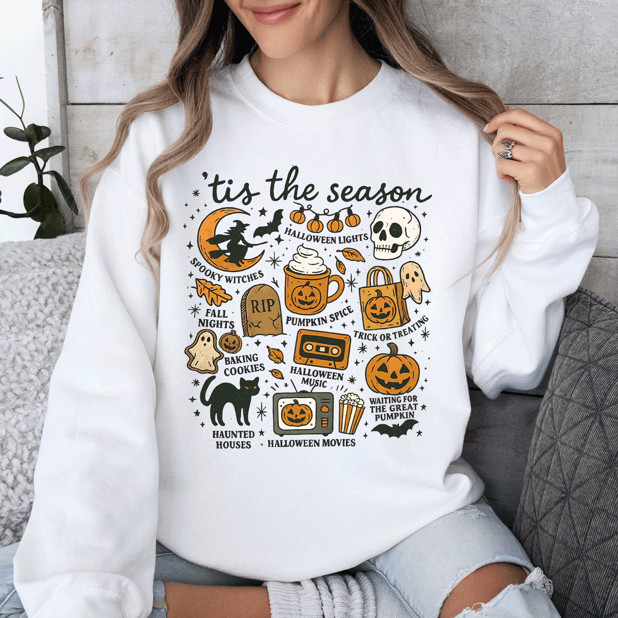 Tis The Season Halloween Skeleton Black Cat Witch Ghost Pumpkin Spooky Sweatshirt