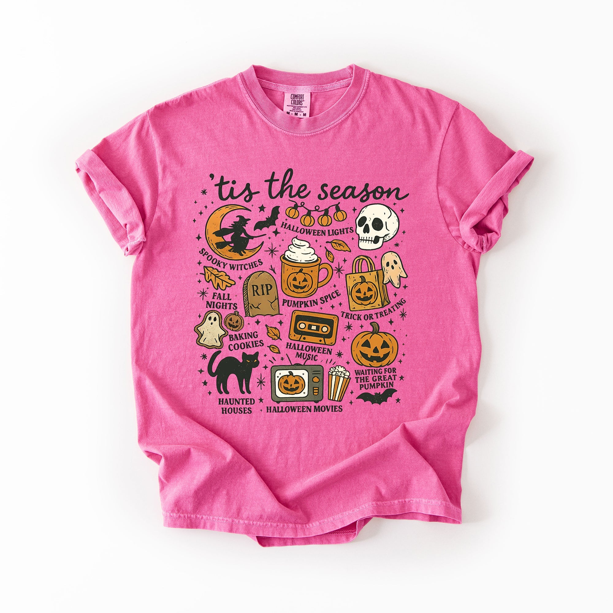 Tis The Season Halloween Skeleton Black Cat Witch Ghost Pumpkin Comfort Colors Tee